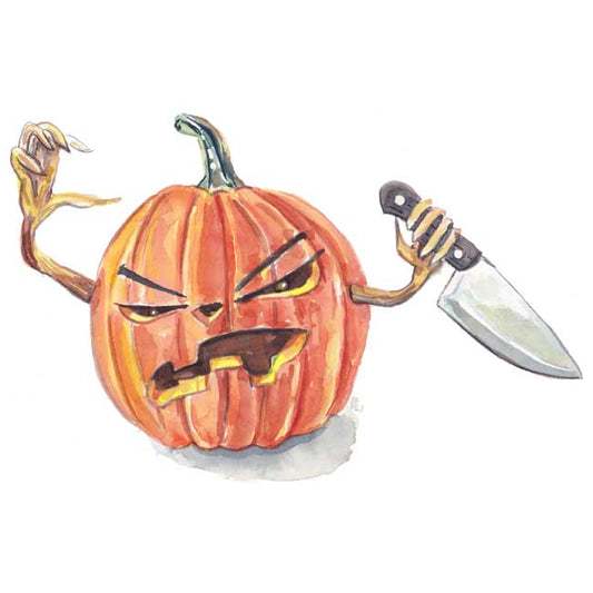Watercolour painting of an angry jack-o-lantern about to take revenge on us humans. Original art by Deidre Wicks
