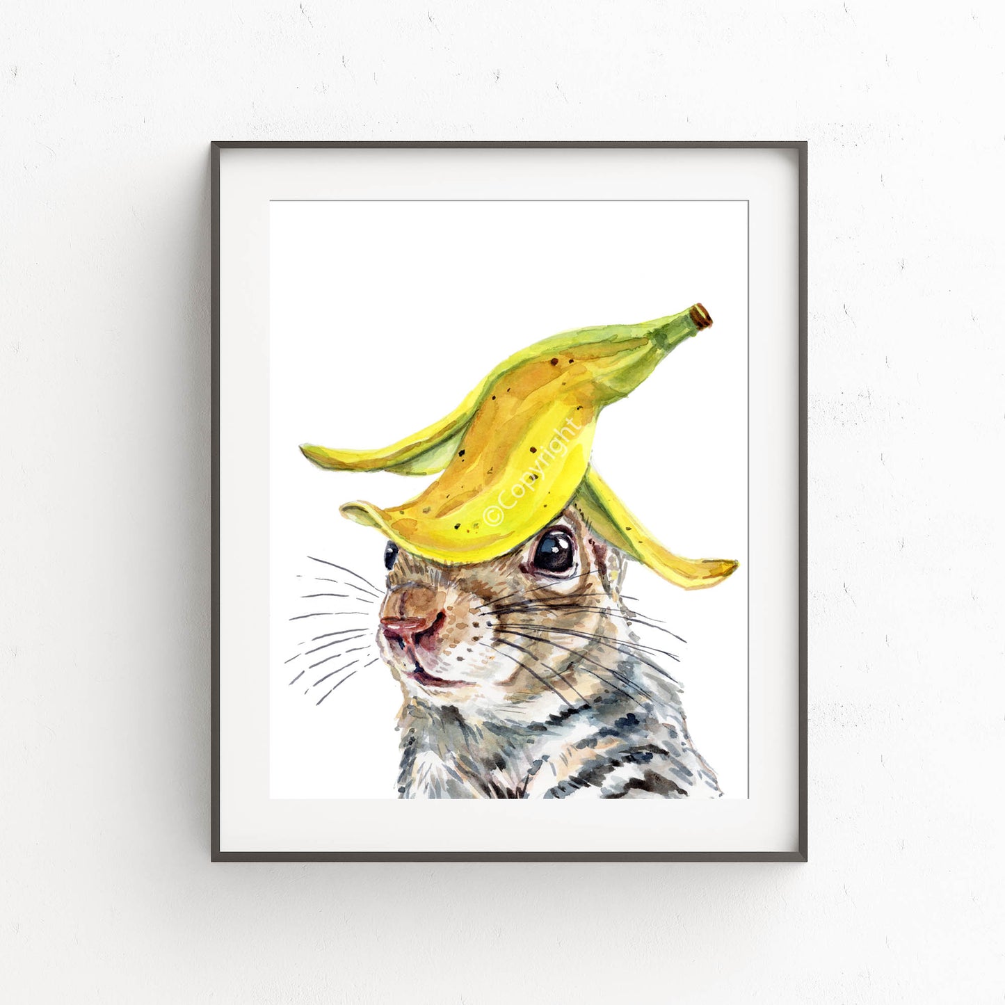 Framed artwork of a squirrel wearing a banana hat on a white background