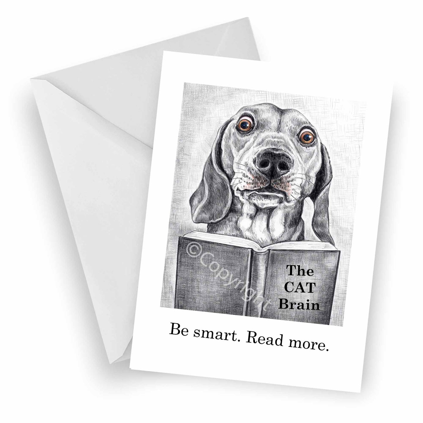 Greeting card featuring a wax pastel drawing of a dachshund dog reading a book about cats. Black and white with a hint of colour. By Deidre Wicks