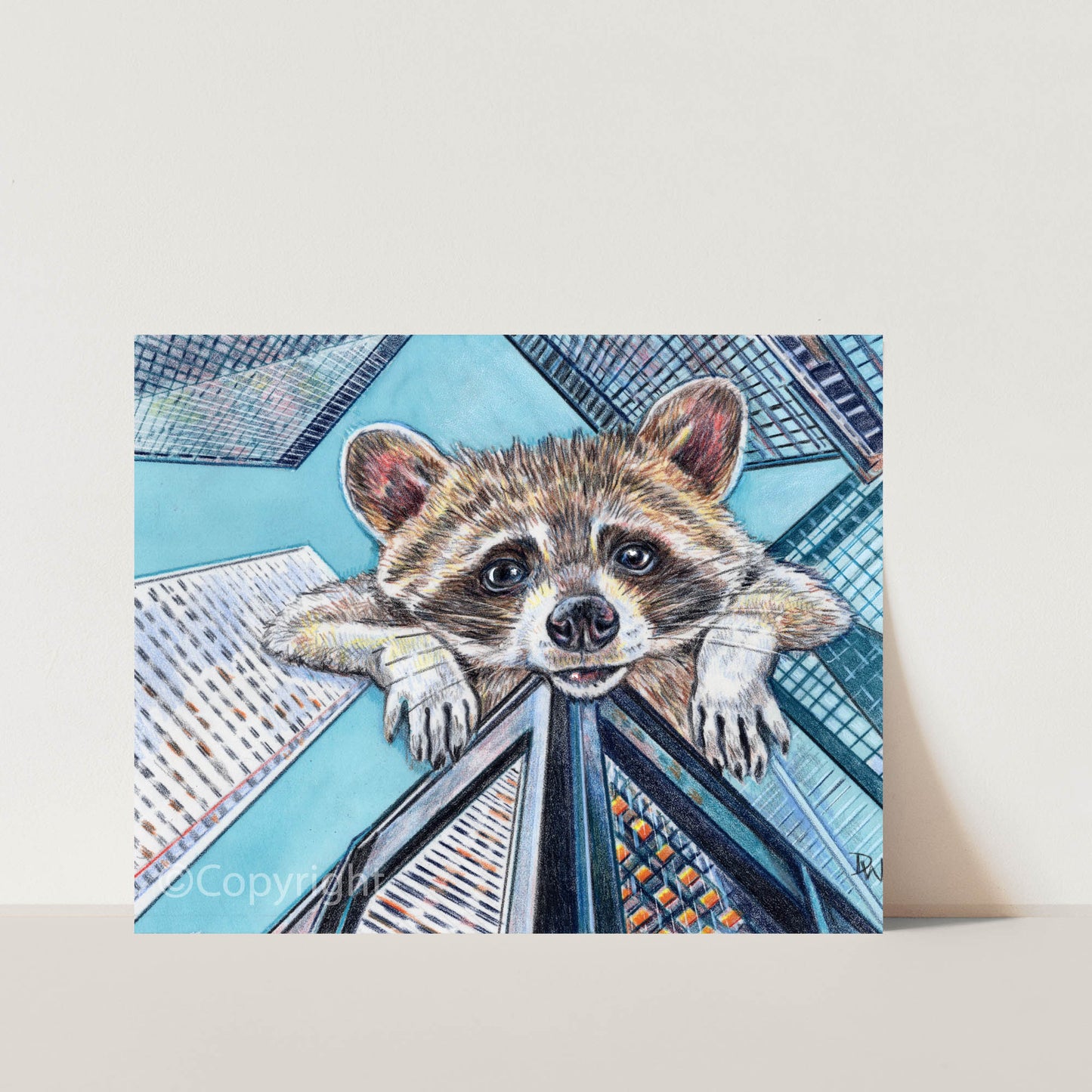 Coloured pencil illustration of a giant raccoon peeking over the cityscape of Toronto