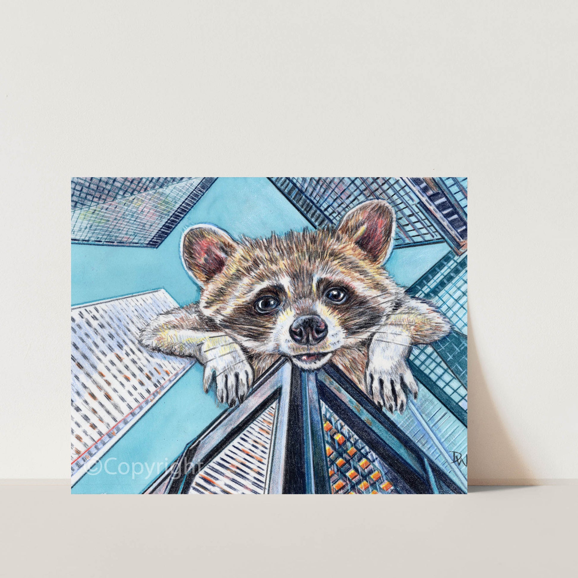Coloured pencil illustration of a giant raccoon peeking over the cityscape of Toronto