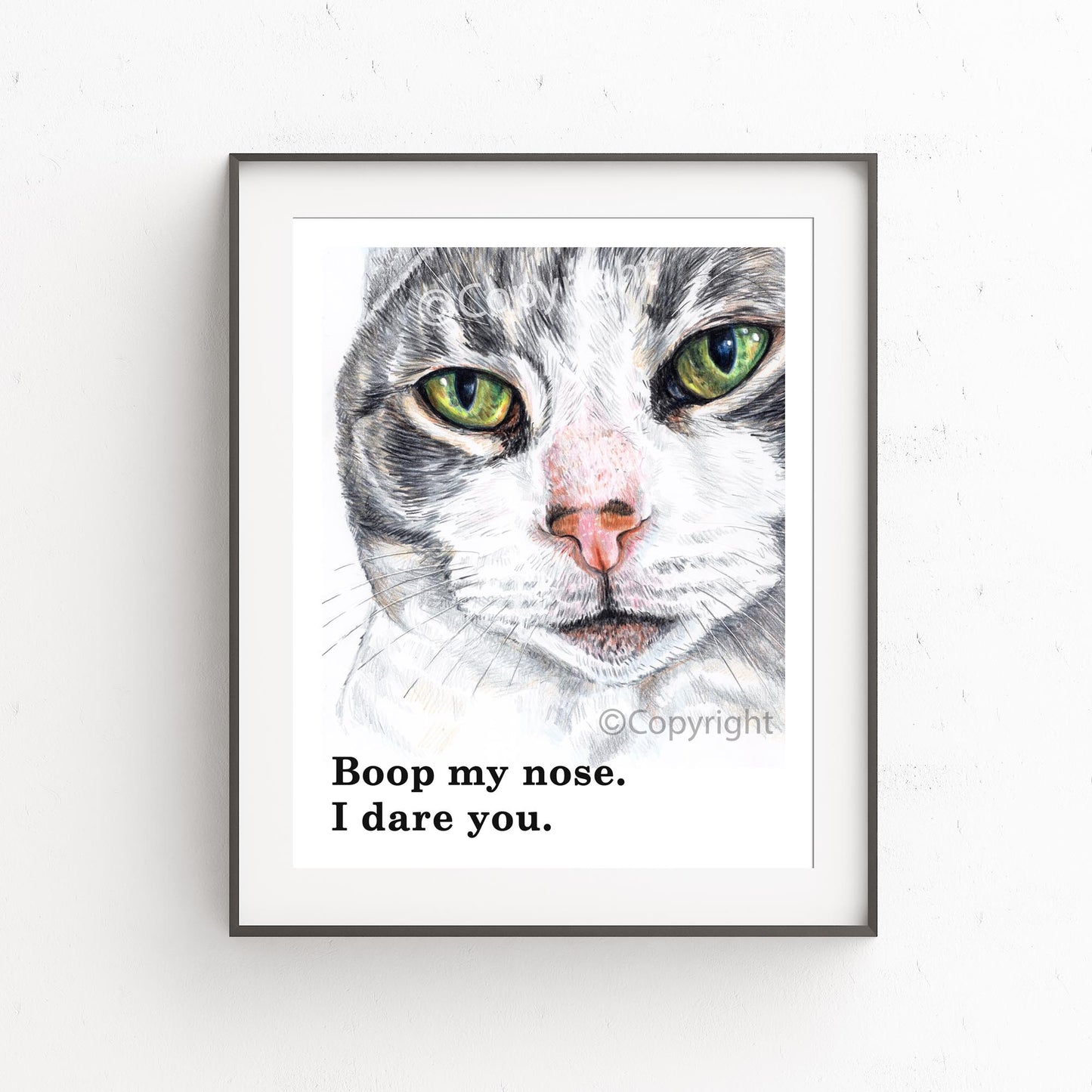 Crayon drawing of a grey tabby cat daring you to boop her nose. Art by Deidre Wicks