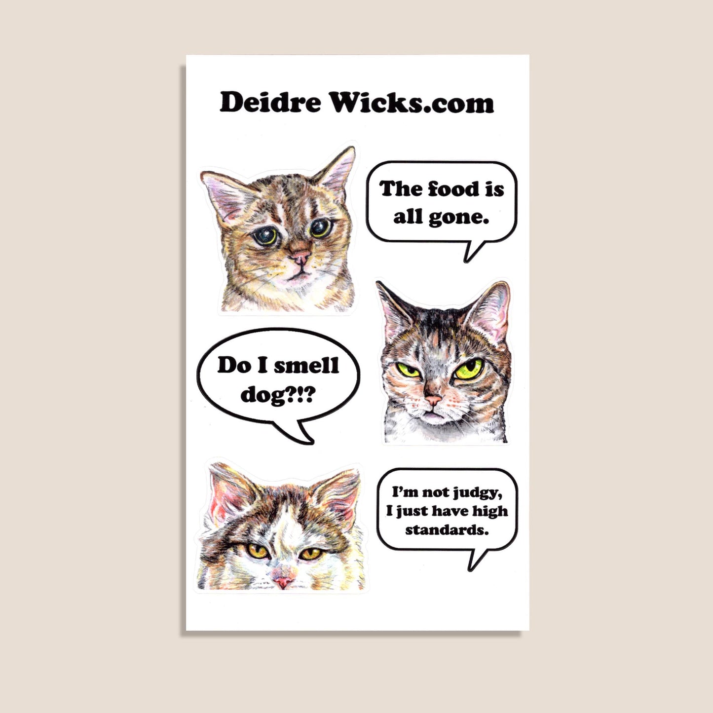 Cartoon of three cats with speech bubbles and text about food and judgment, featuring Deidre Wicks.com.