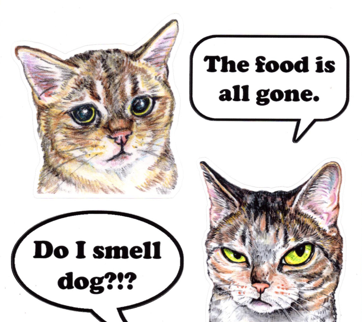 Two cats with speech bubbles indicating a conversation about food and a potential dog smell.
