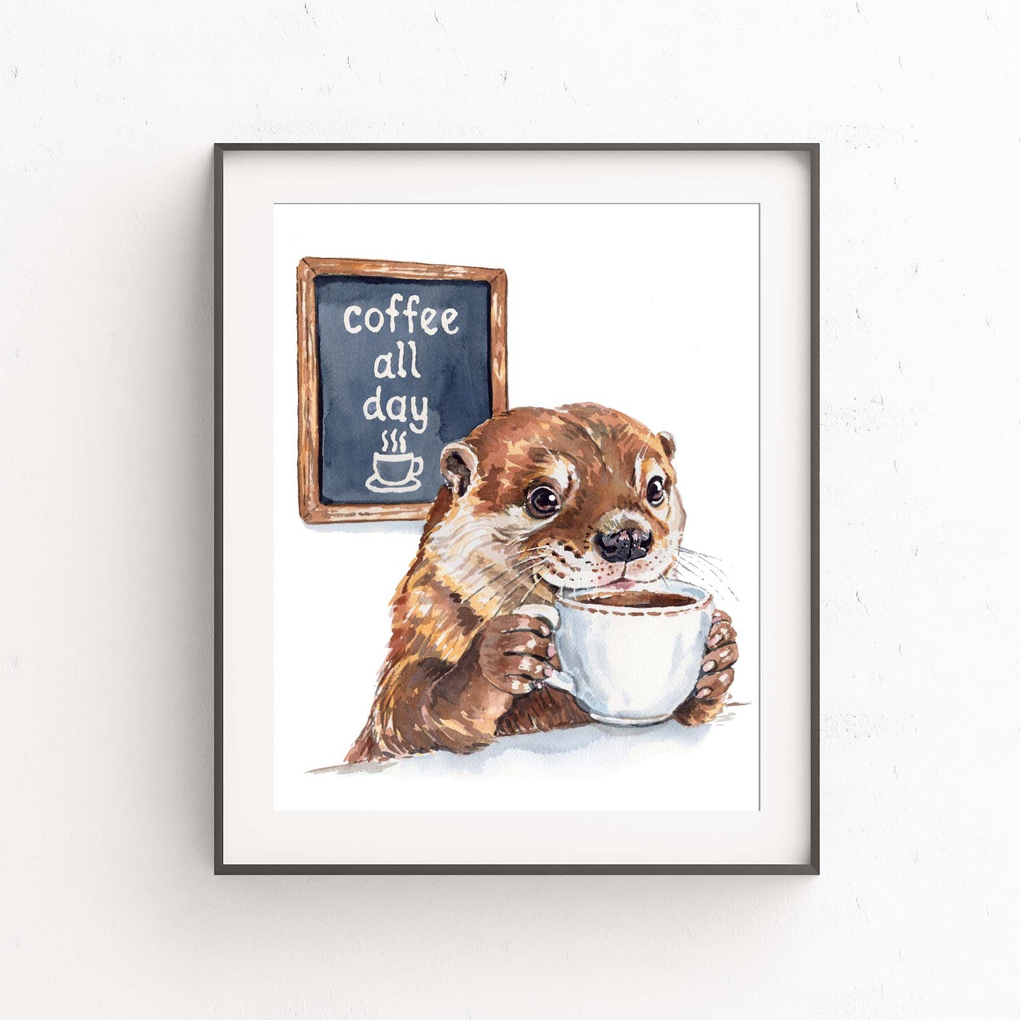 Watercolour painting of an otter drinking a coffee with a Coffee All Day Sign in the background