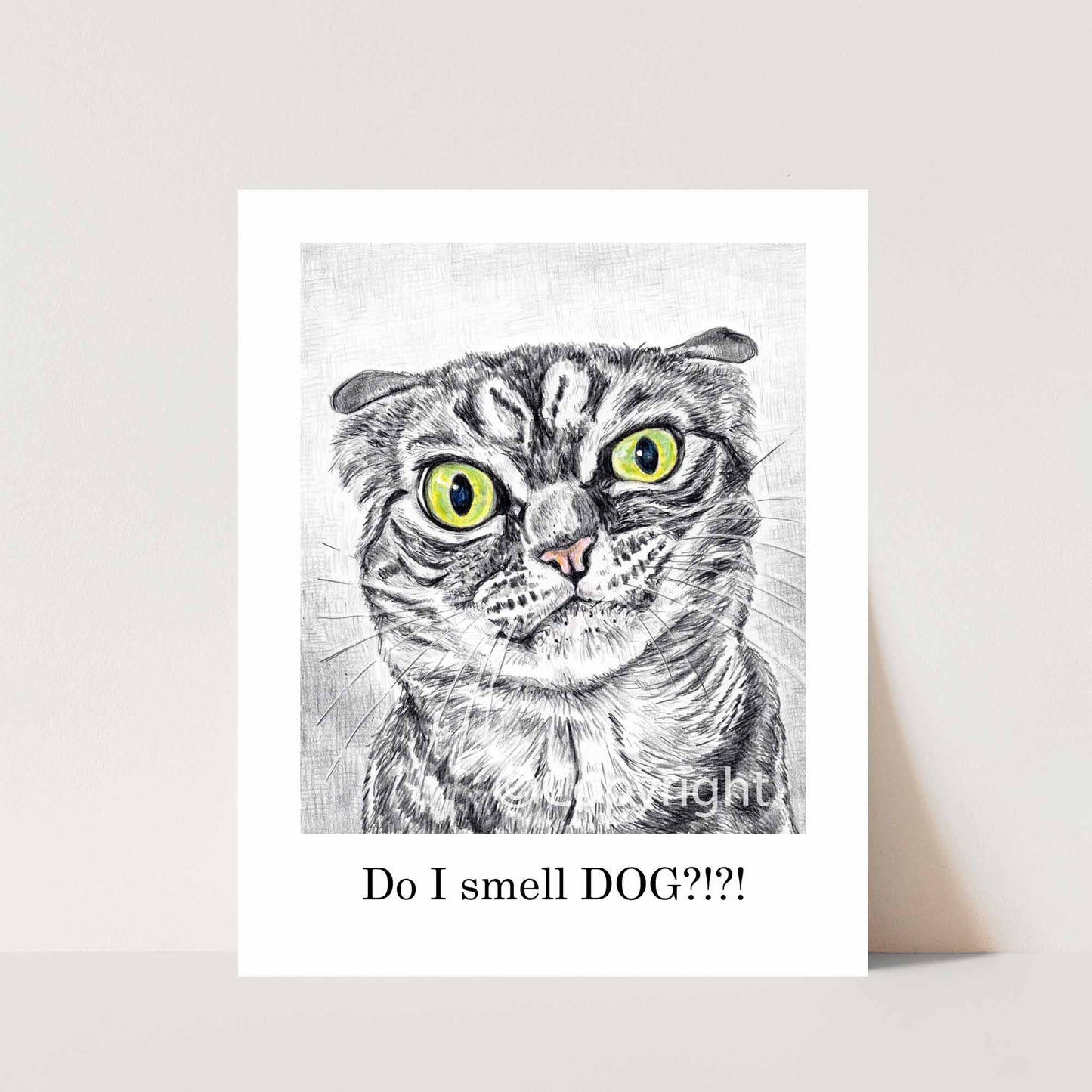 Crayon drawing of a disgruntled tabby cat who knows you were petting a dog. Art by Deidre Wicks