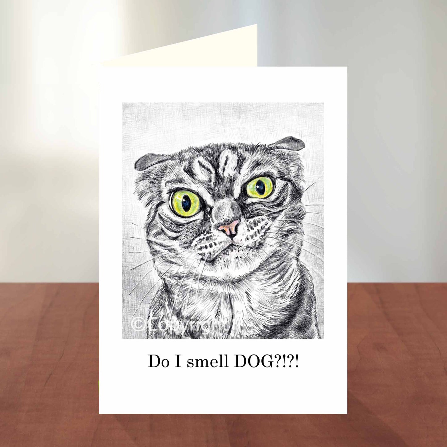 Greeting card featuring a crayon wax pastel drawing of a disgruntled tabby cat. Art by Deidre Wicks