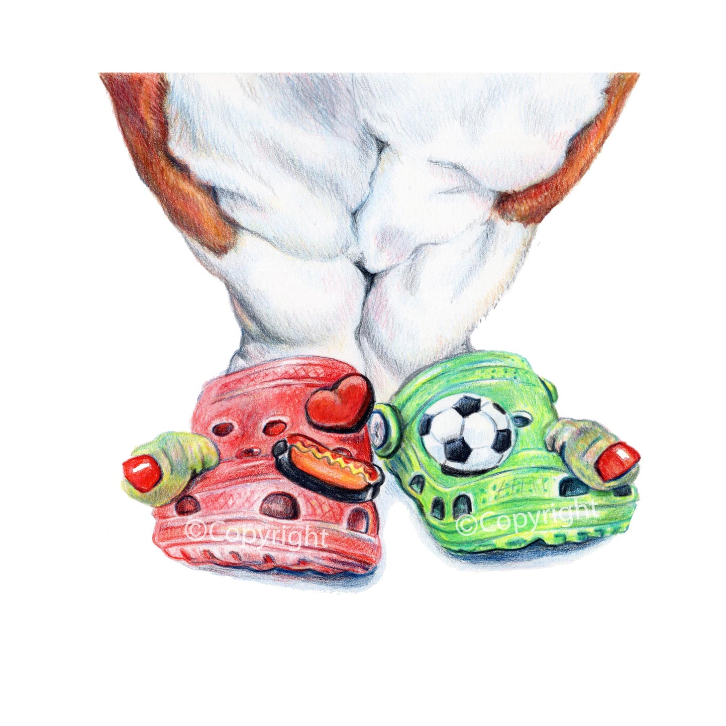 Drawing of a Basset hound dog wearing Croc shoes with lots of funny giblets