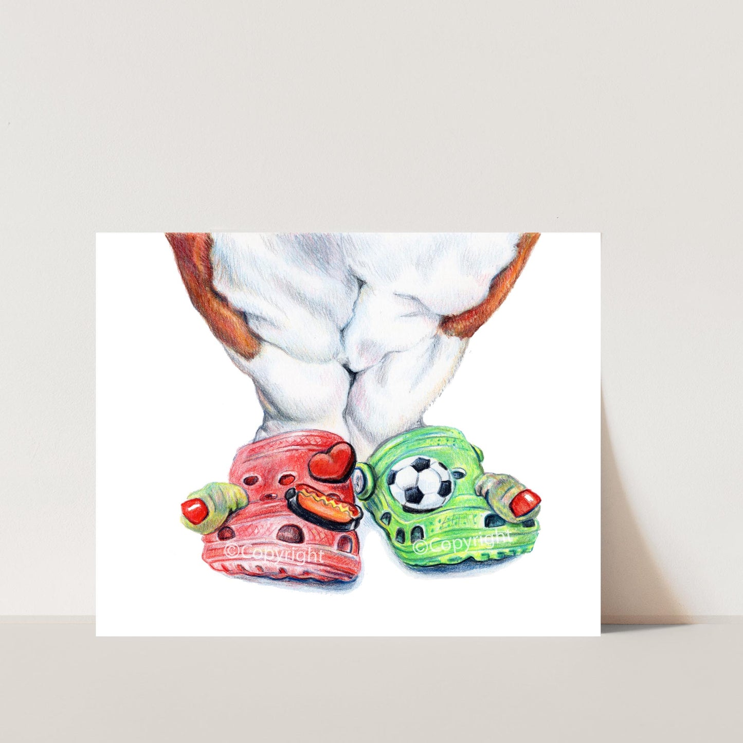 Drawing of a Basset hound dog wearing Croc shoes with lots of funny giblets
