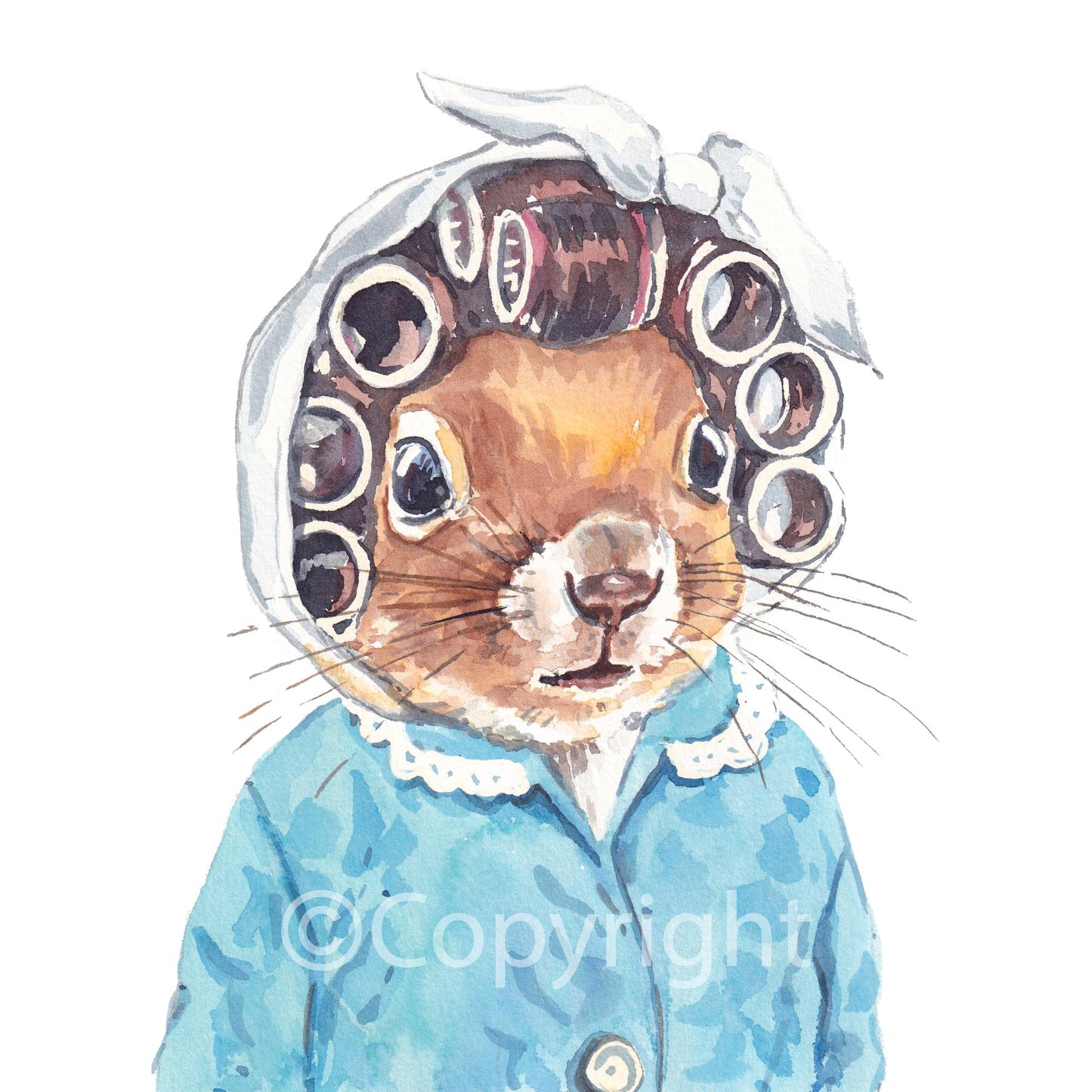 Watercolour painting of a squirrel wearing vintage hair curlers and a quilted housecoat. Art by Deidre Wicks