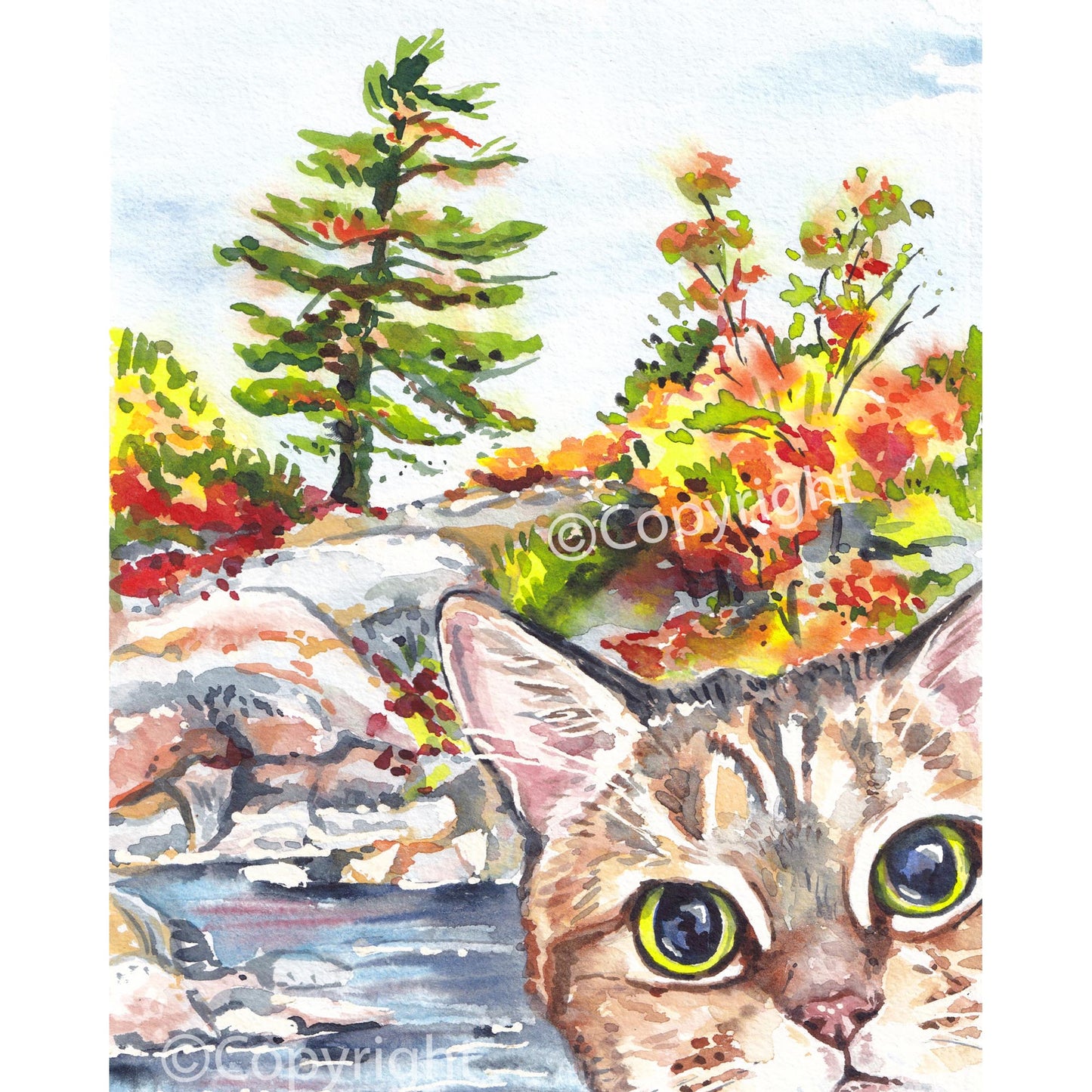 Watercolour painting of a cat photobombing a photo of an Ontario landscape. Art by Deidre Wicks