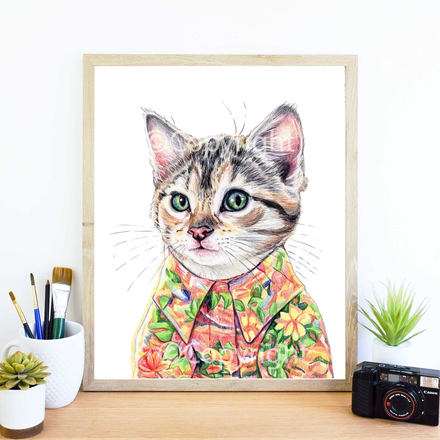 Coloured pencil drawing of a tabby cat kitten wearing a bright Hawaiian shirt by Deidre Wicks