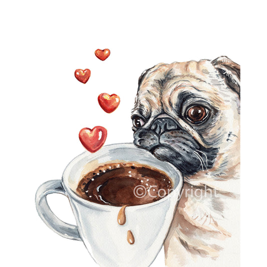 Watercolour painting of a pug resting is chin on a cup of coffee. Are by Deidre Wicks