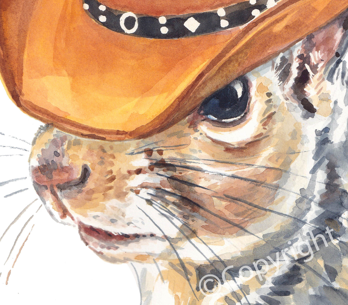 Watercolour painting of an Eastern grey squirrel wearing a brown cowboy hat.