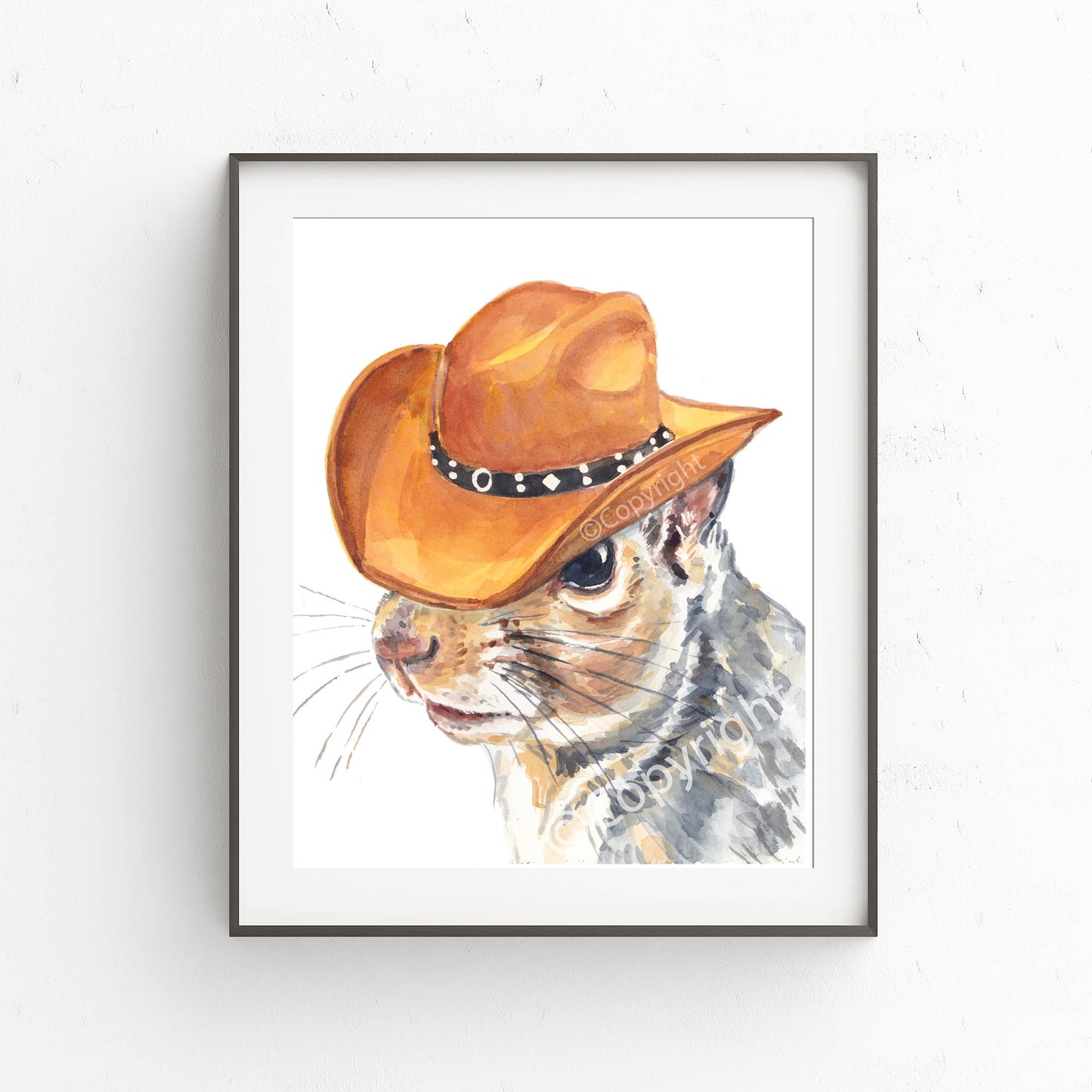 Watercolour painting of an Eastern grey squirrel wearing a brown cowboy hat.