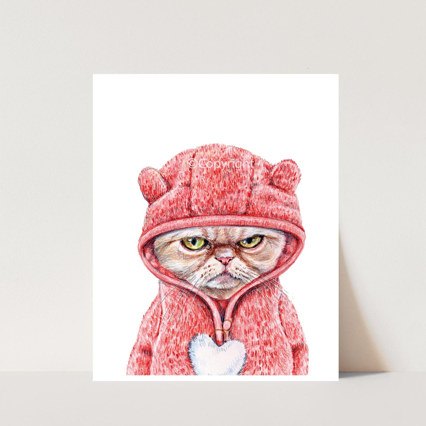 Illustration of a cat wearing a pink hoodie with a heart and bear ears on a white background