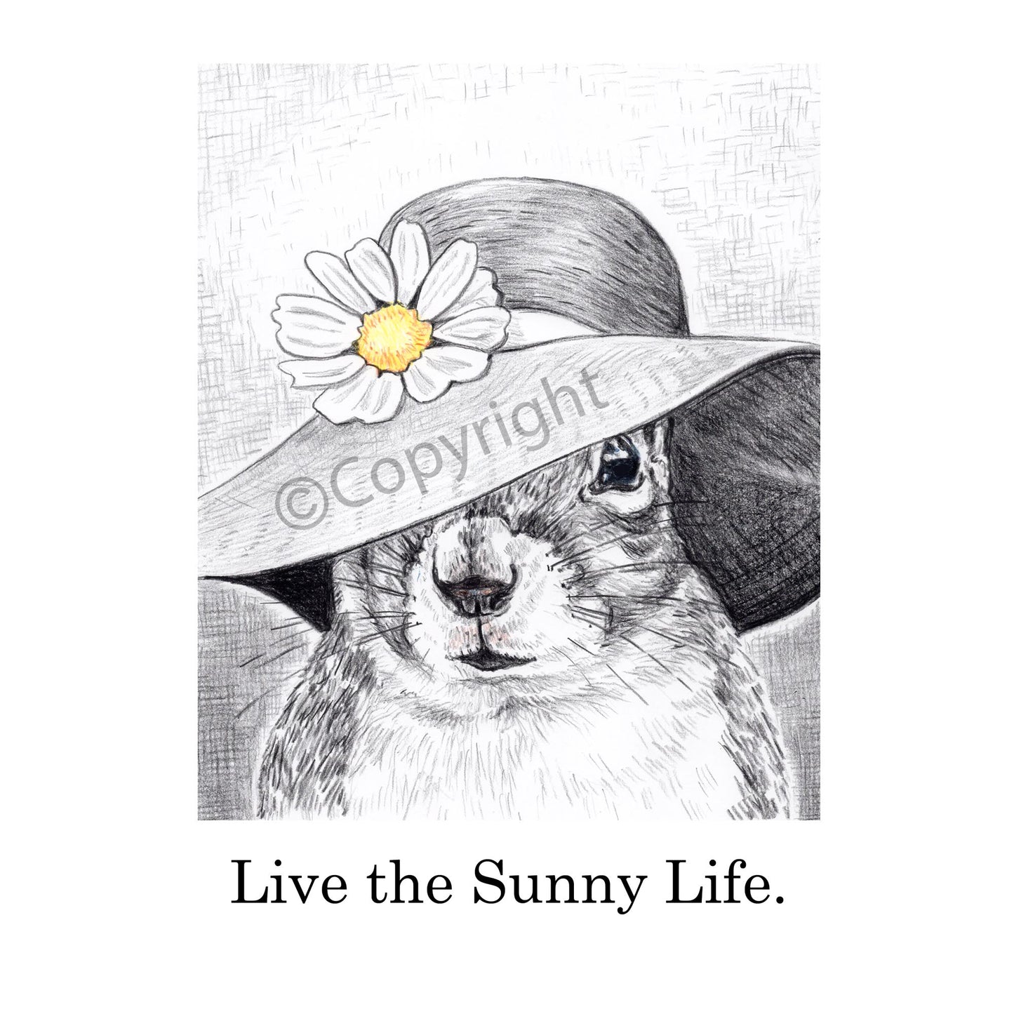 Crayon drawing of a squirrel wearing a big floppy sun hat with a daisy on the brim. Art by Deidre Wicks