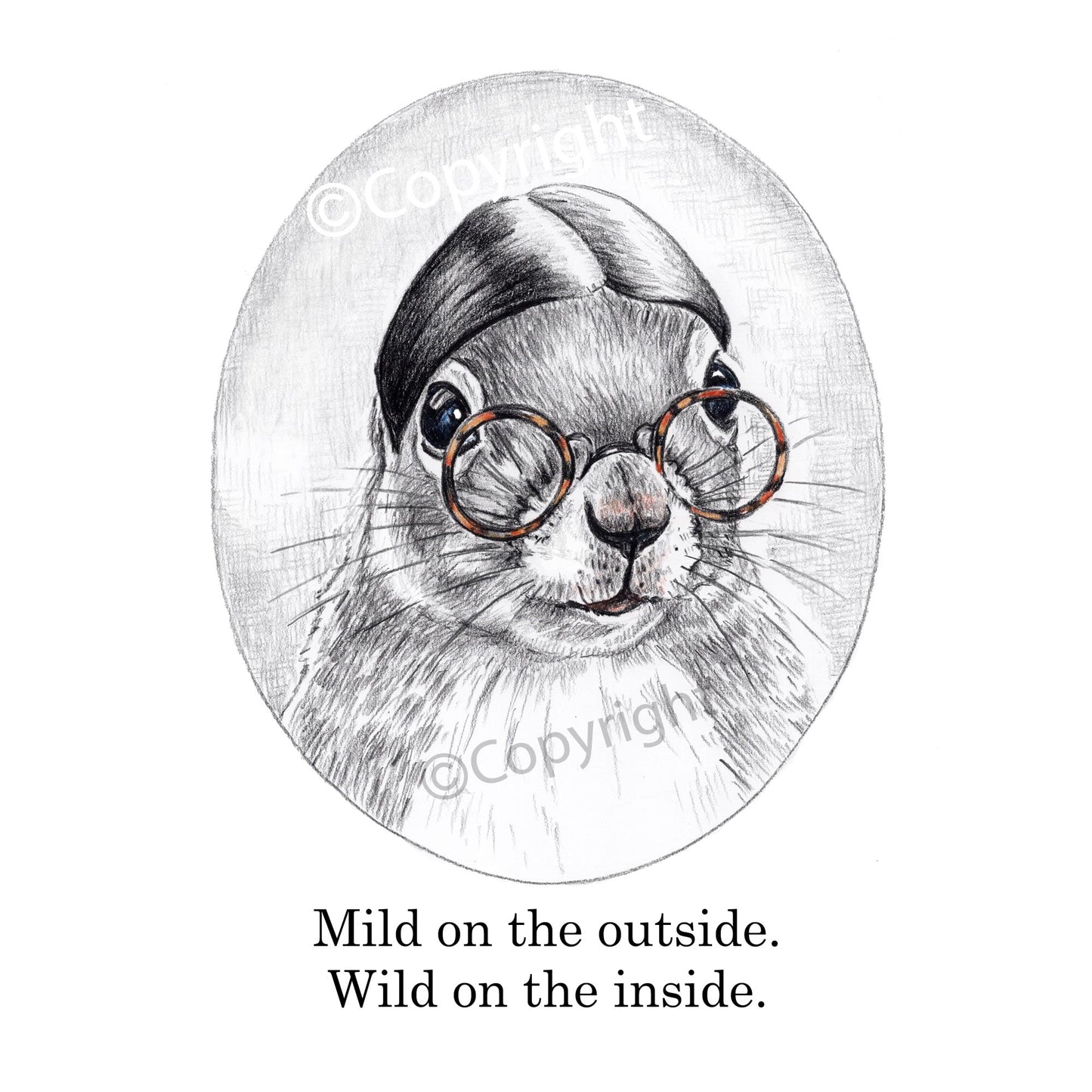 Crayon drawing of a mild mannered squirrel with slicked hair and round glasses. Art by Deidre Wicks
