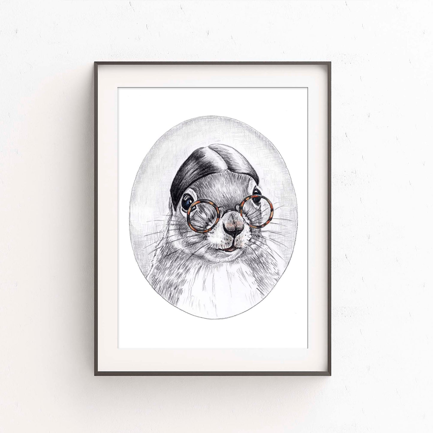 Crayon drawing of a mild mannered squirrel with slicked hair and round glasses. Art by Deidre Wicks