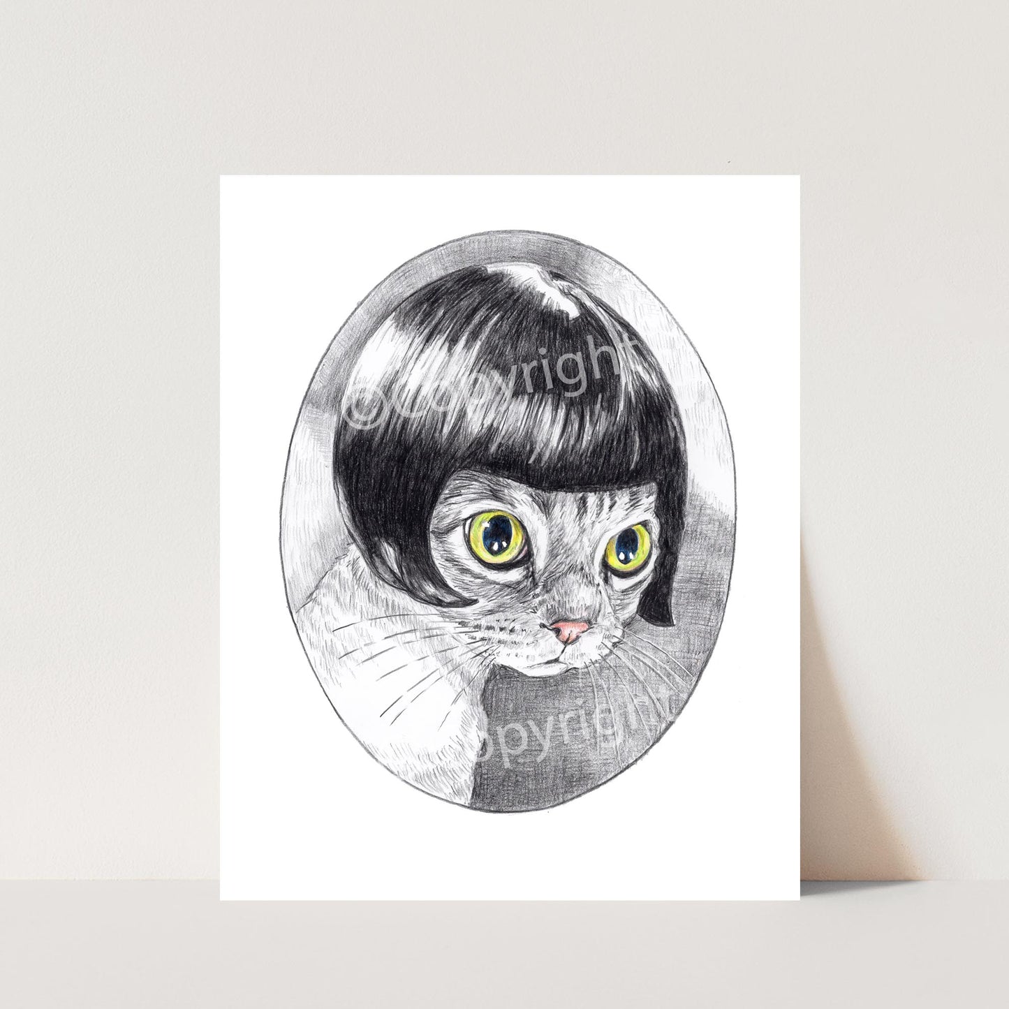 Black and white crayon drawing of a Siamese cat styled like a silent movie star. Art by Deidre Wicks