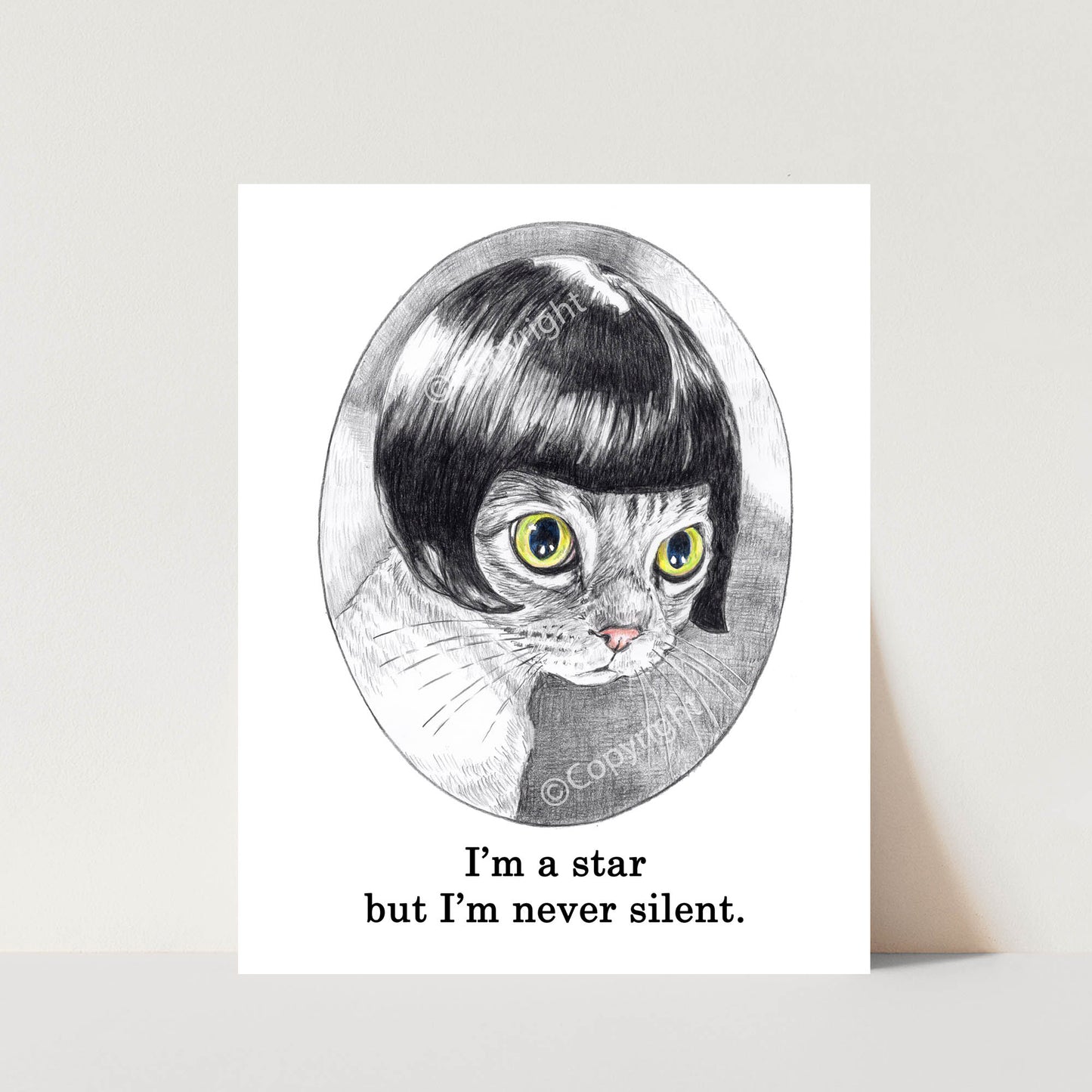 Black and white crayon drawing of a Siamese cat styled like a silent movie star. Art by Deidre Wicks