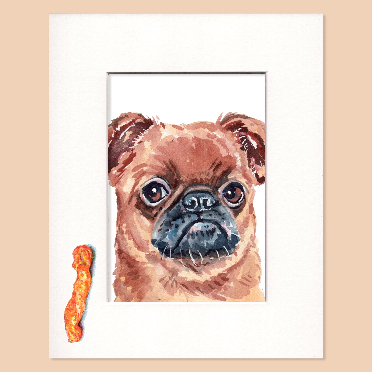 Framed artwork of a pug dog with a Cheeto on a beige background