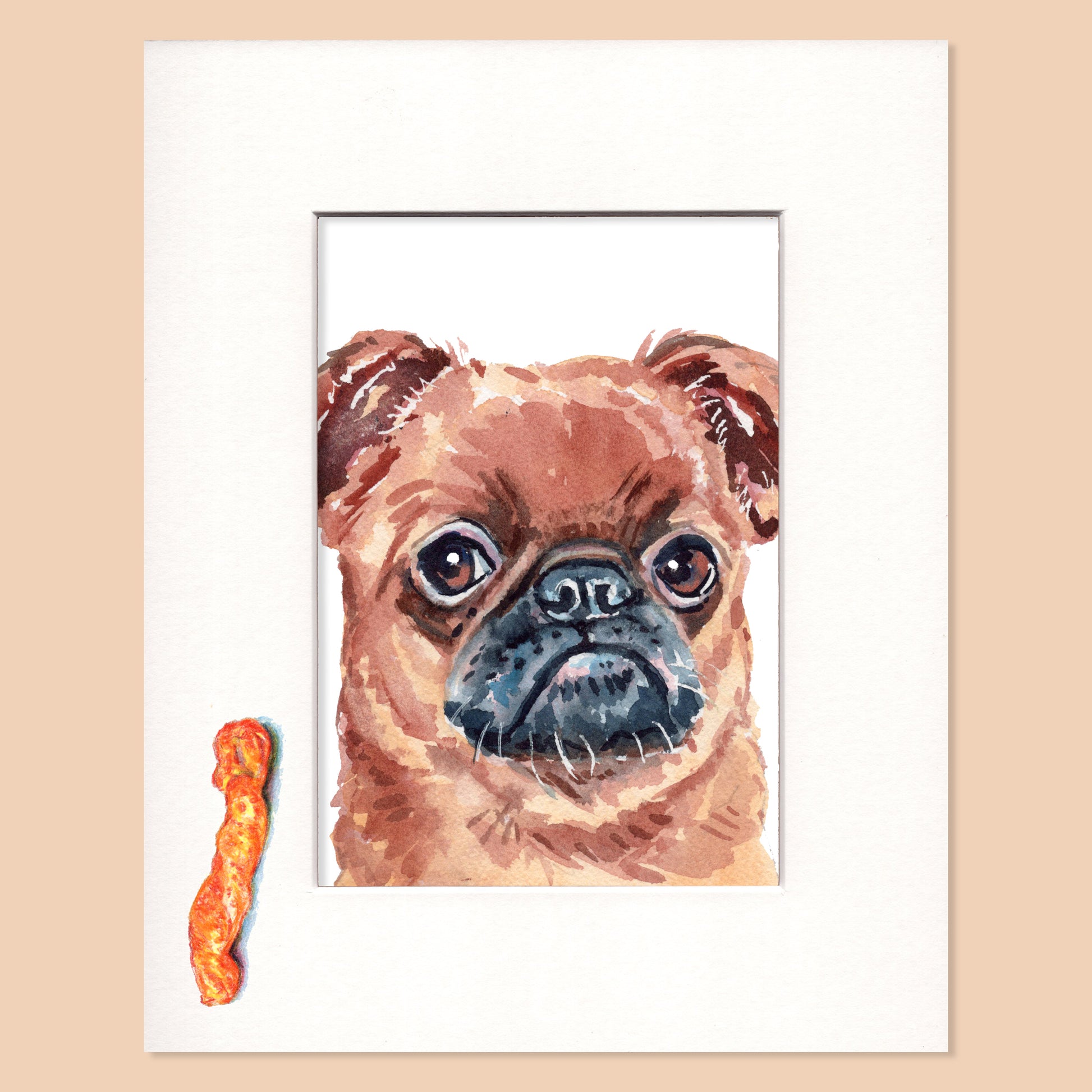 Framed artwork of a pug dog with a Cheeto on a beige background