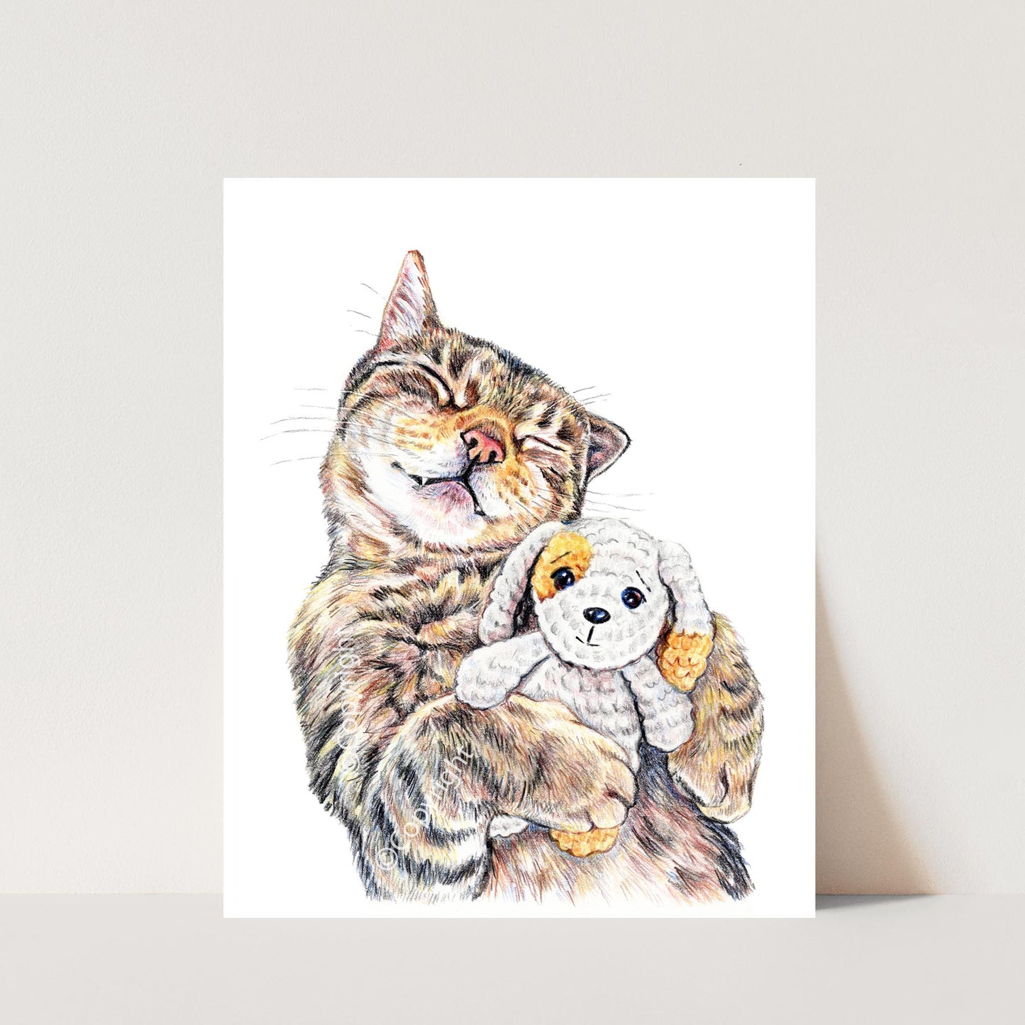 Coloured pencil drawing of a brown tabby cat napping with stuffed dog by Deidre Wicks