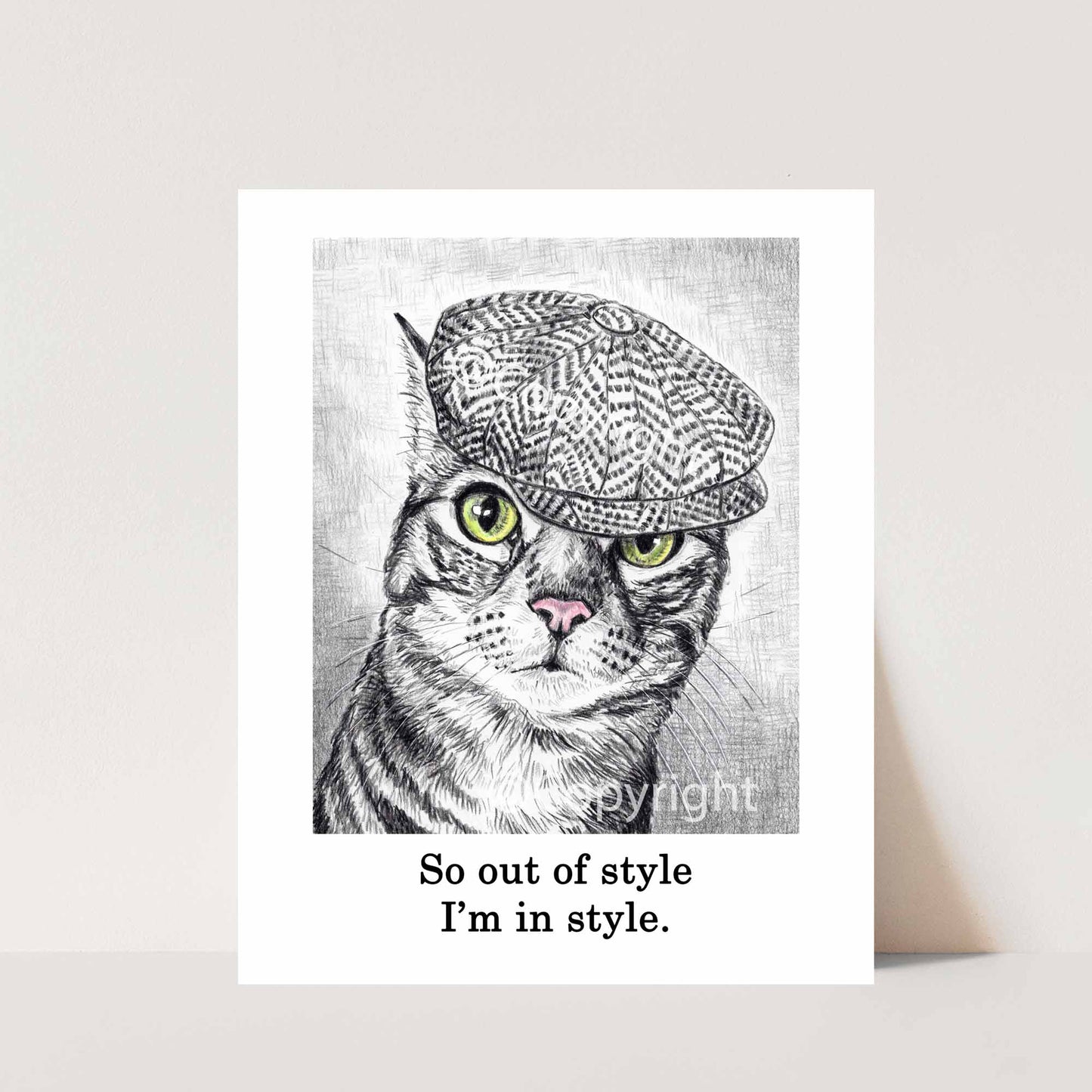 Vintage-inspired crayon drawing of a tabby cat wearing a newsboy cap by Deidre Wicks