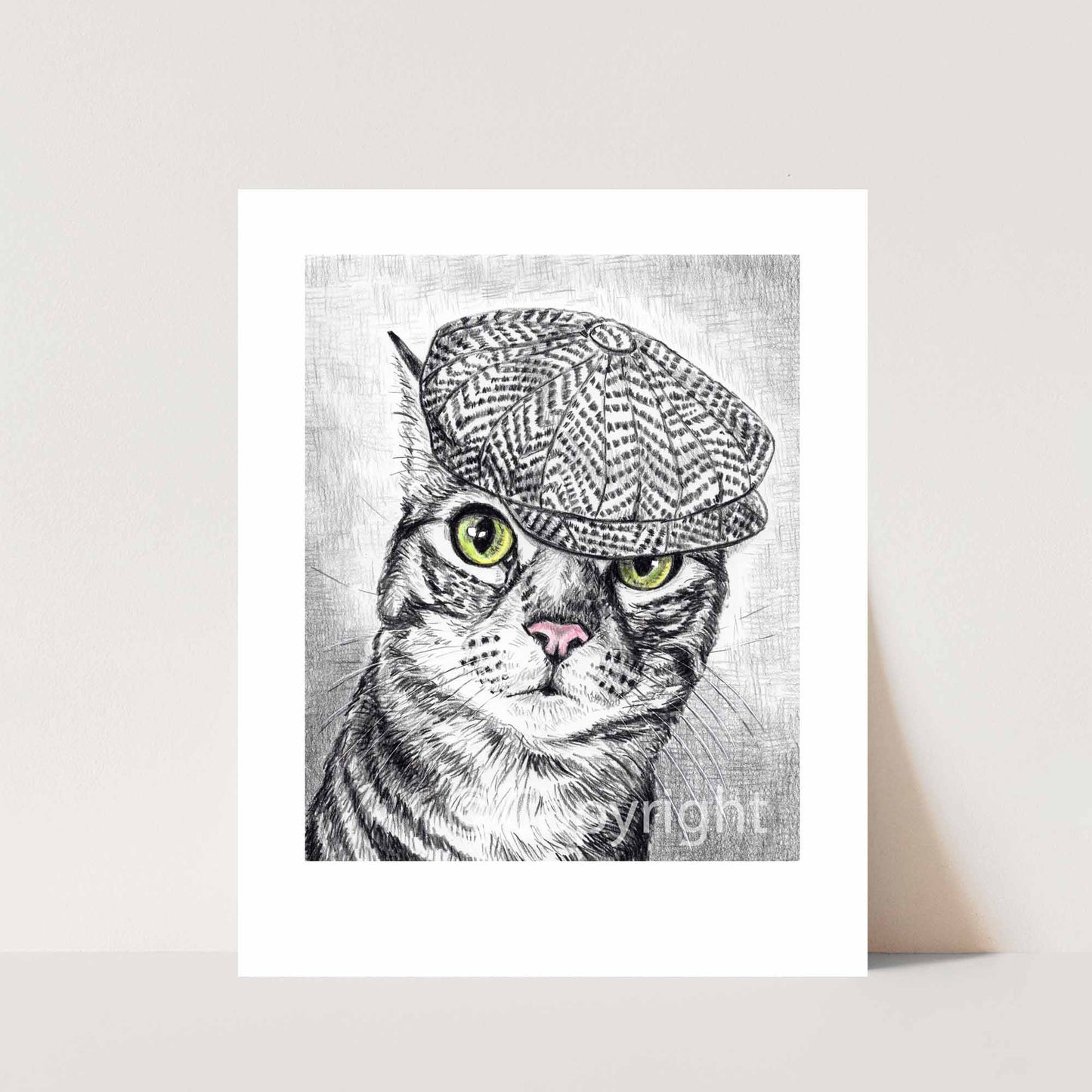 Vintage-inspired crayon drawing of a tabby cat wearing a newsboy cap by Deidre Wicks