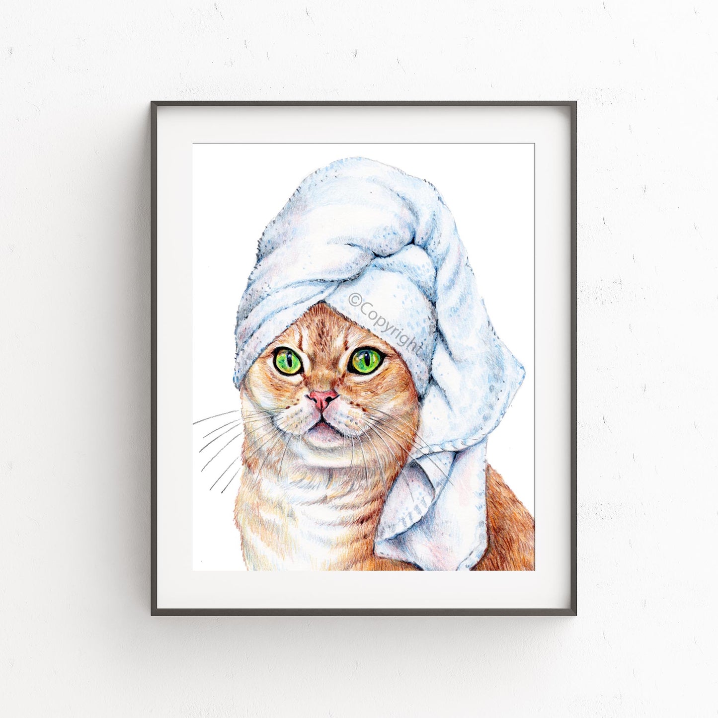Coloured pencil drawing of a beautiful orange tabby ginger cat wearing a bath towel on her head.