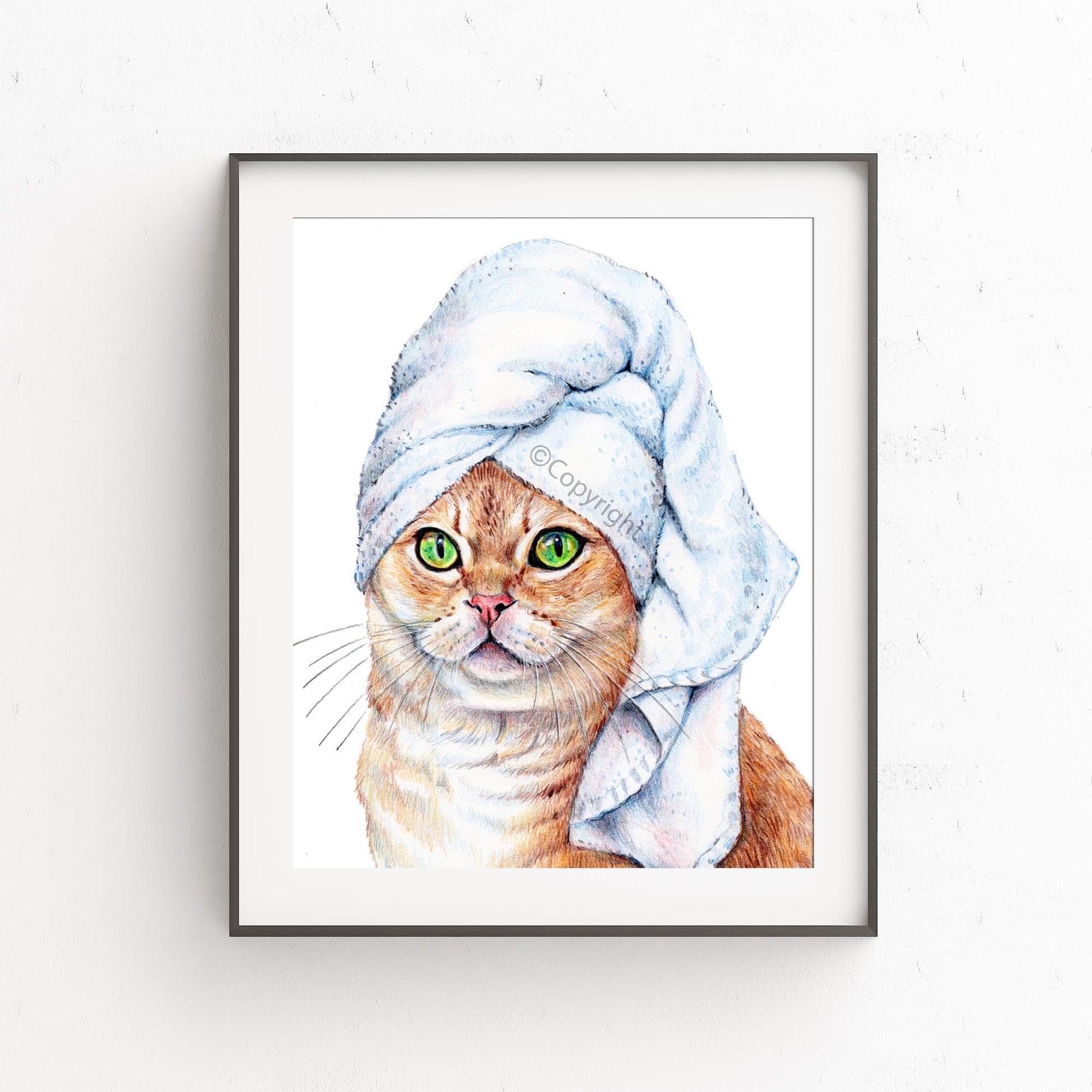 Coloured pencil drawing of a beautiful orange tabby ginger cat wearing a bath towel on her head.