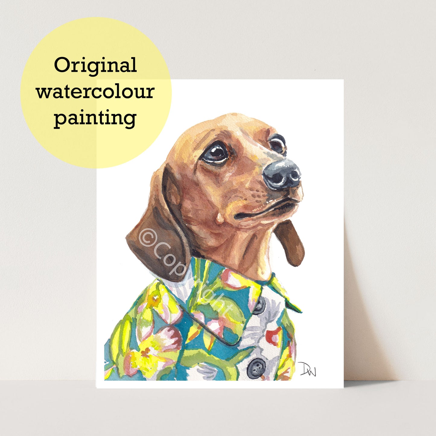 Original watercolour painting of a dachshund dog wearing a patterned Hawaiian shirt. Art by Deidre Wicks