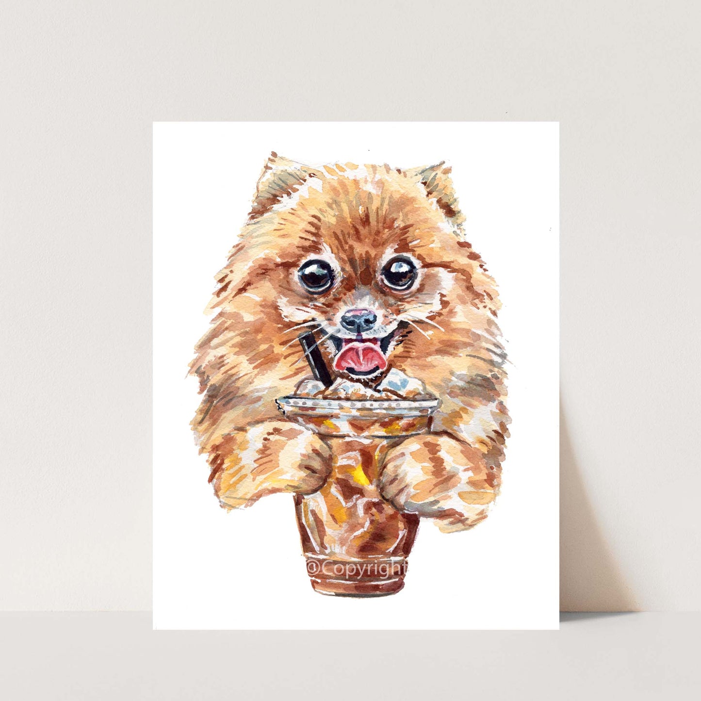 Watercolour painting of a Pomeranian Dog drinking an ice coffee