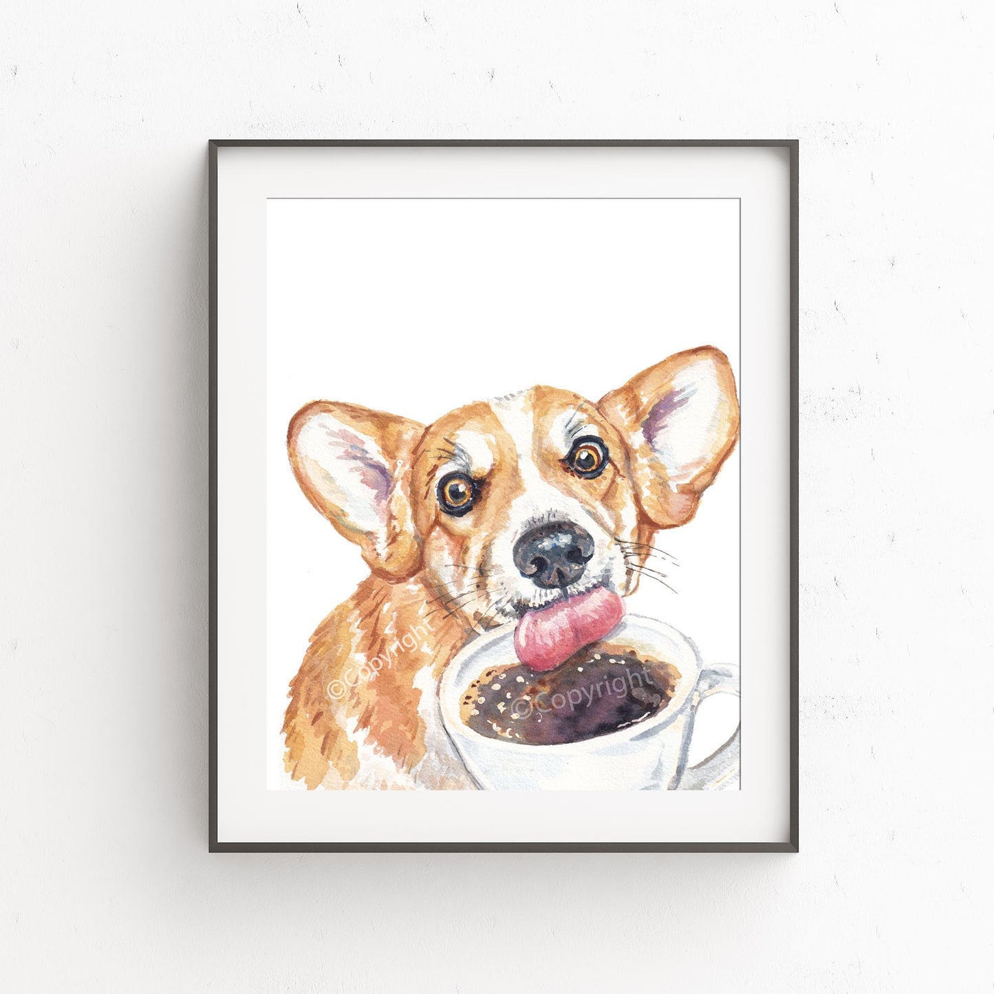 Watercolour painting of a corgi dog drinking coffee from a cup by Deidre Wicks