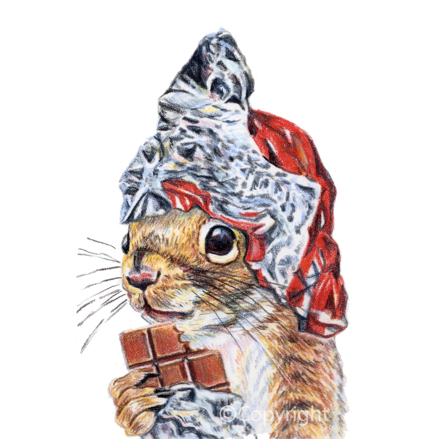 Drawing of a squirrel wearing a hat made out of tine foil while holding a chocolate bar on a white background