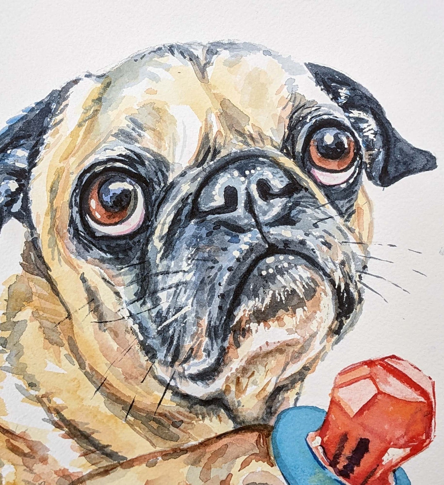 Original watercolour painting of an adorable pug dog offering to share his candy. Art by Deidre Wicks