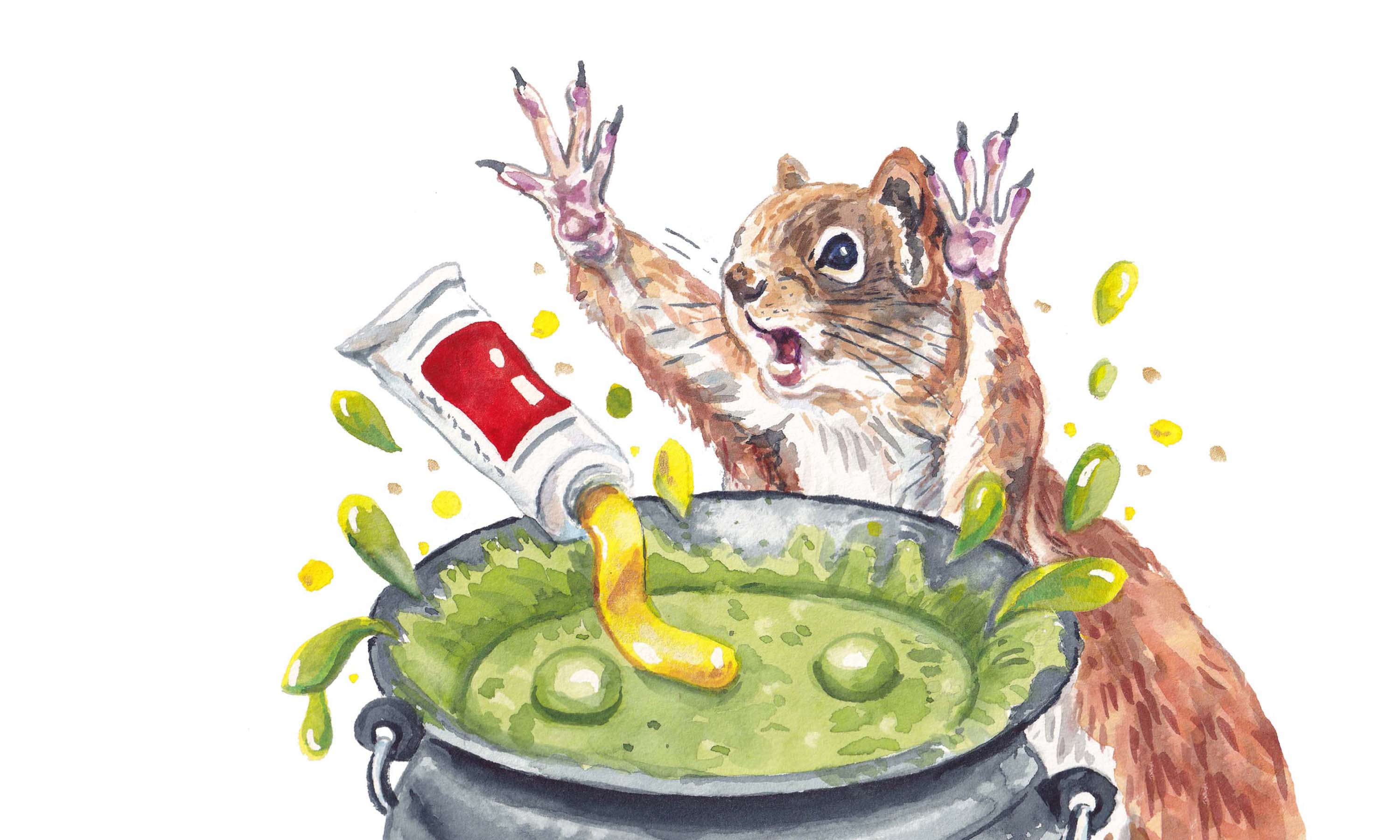 Watercolour painting of a squirrel making magic spells with paint. By Deidre Wicks