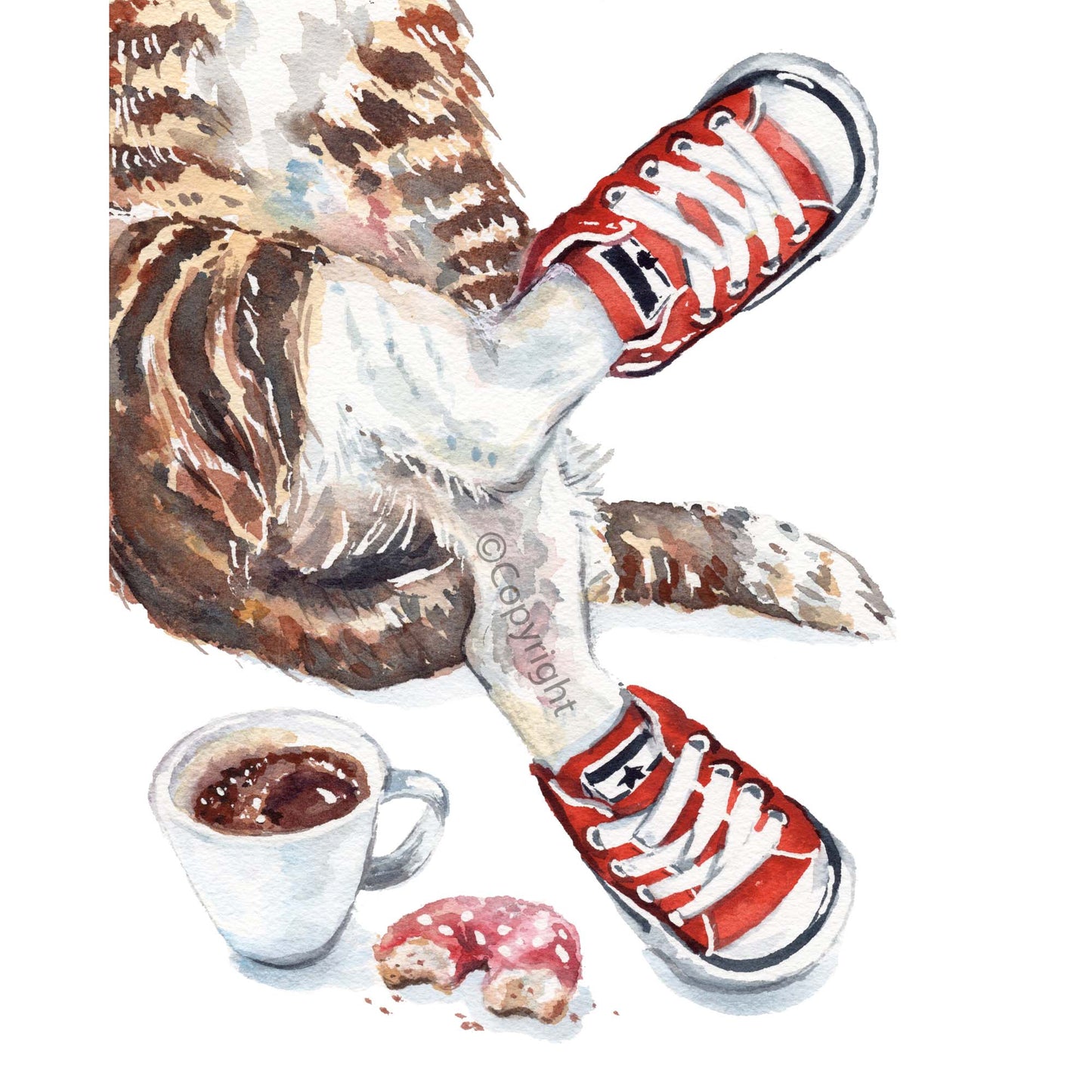 Illustration of a tabby cat kitten wearing red sneakers with white laces, lying on a couch next to a cup of coffee and a donut.