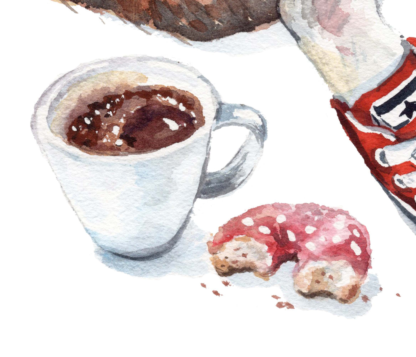 Glass mug with hot chocolate and a pastry on a white background