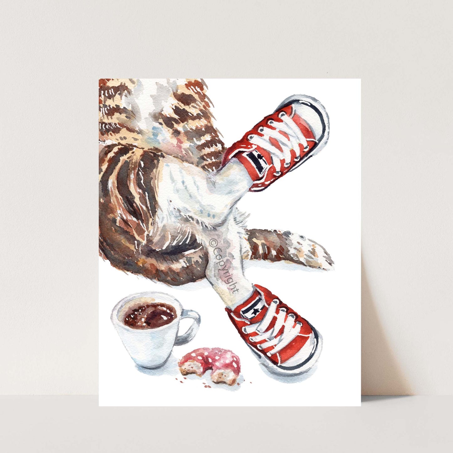 Illustration of a lounging tabby cat wearing red sneakers, coffee cup, and a donut on a white background