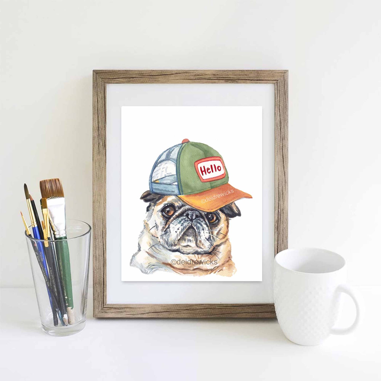 Framed example of a pug dog watercolour painting by artist Deidre Wicks