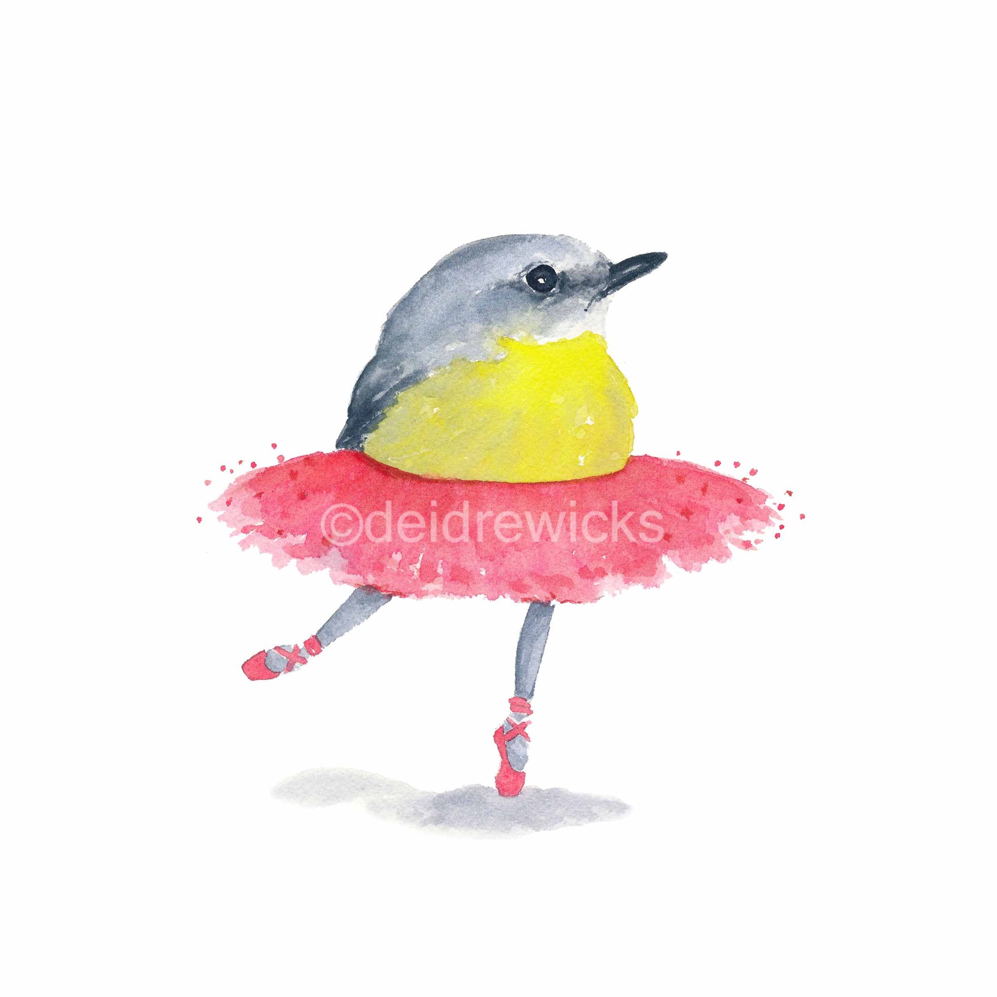 Watercolour painting of a robin bird wearing a tutu and on pointe
