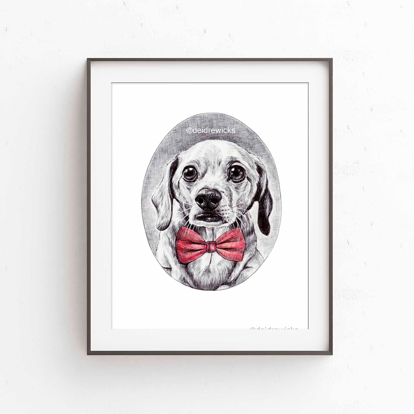 Framed example of a dog ballpoint pen drawing of a dog by Deidre Wicks