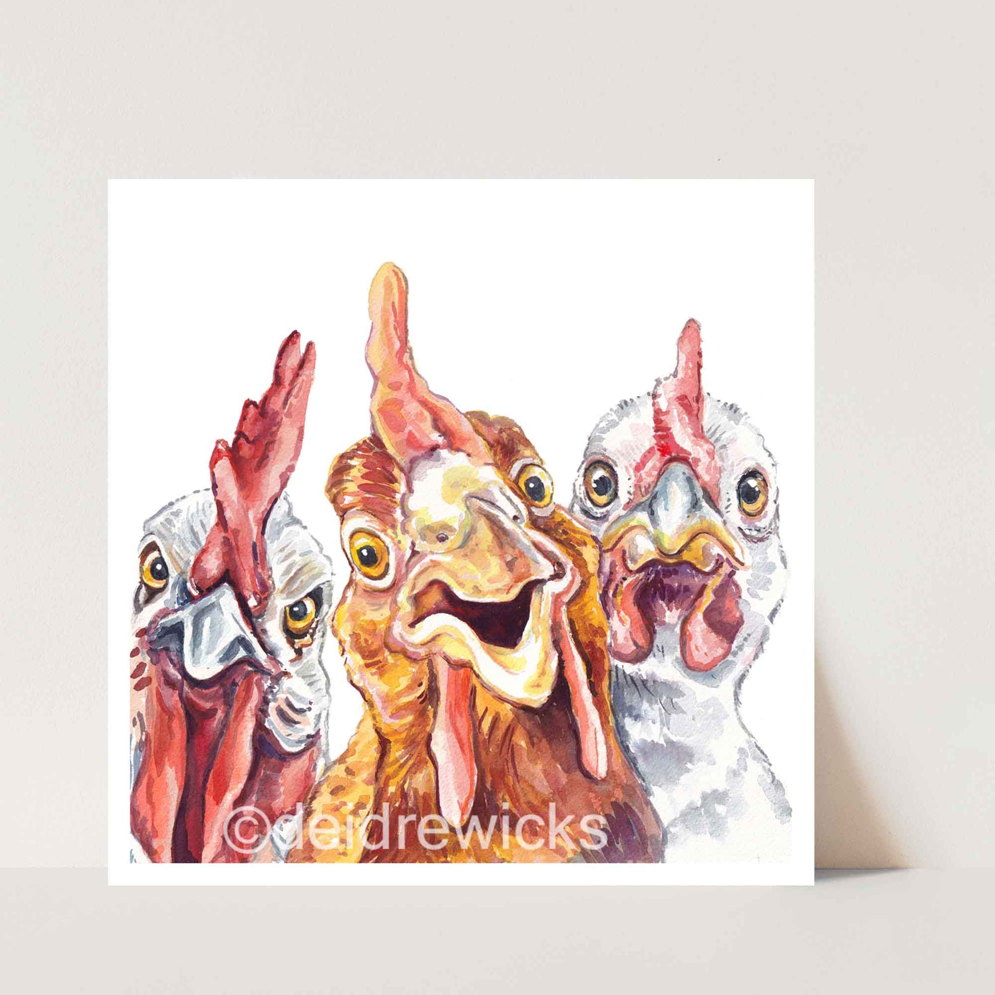 Watercolor print featuring a trio of silly chickens. Art by Deidre Wicks