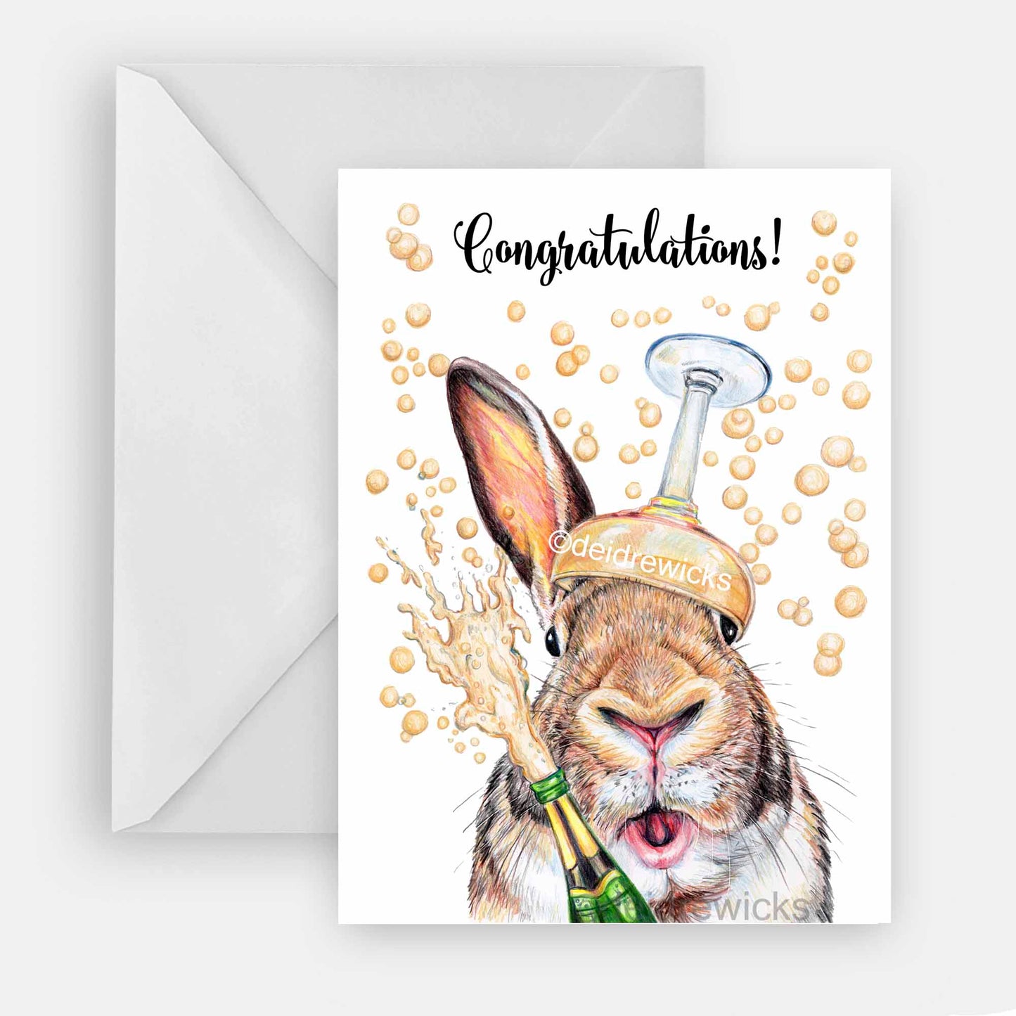 Congratulations greeting card featuring a bunny rabbit with a sparkling bottle of wine and a glass. By Deidre Wicks