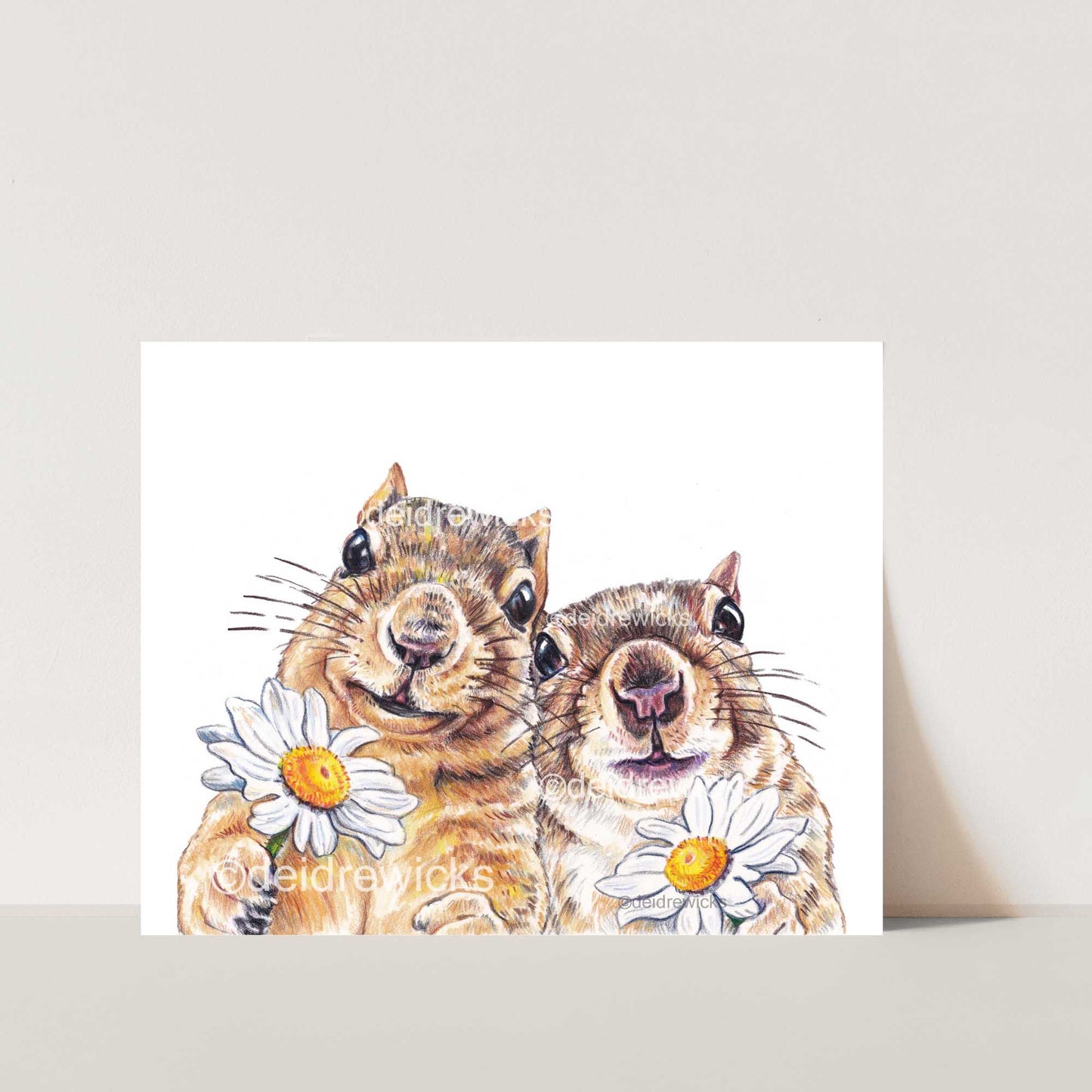 Pencil crayon drawing of 2 adorable squirrels who are in love by artist Deidre Wicks