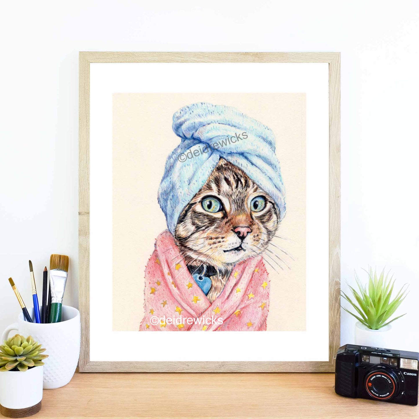 Suggested framing for a tabby cat bathroom art print by Deidre Wicks