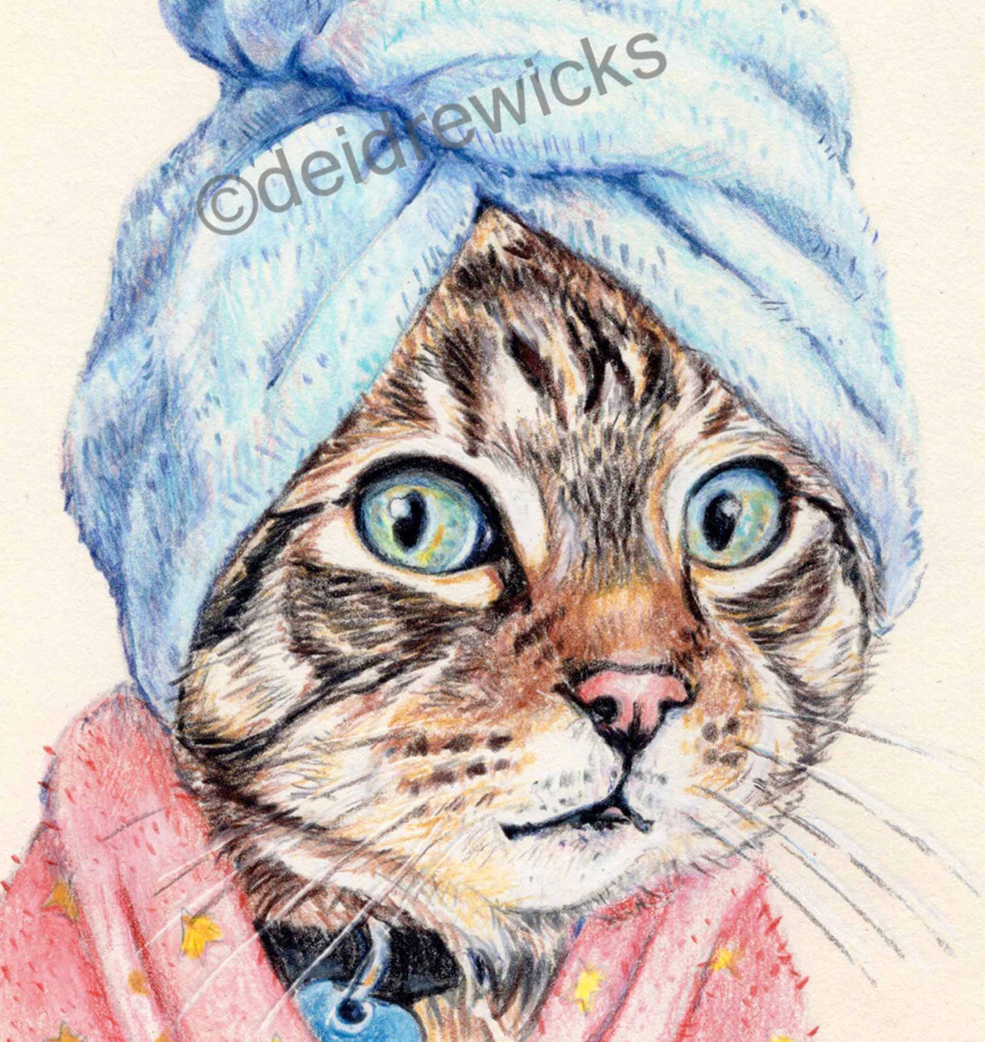 Close up of a cat wearing a blue bath towel on it's head. Art by Deidre Wicks
