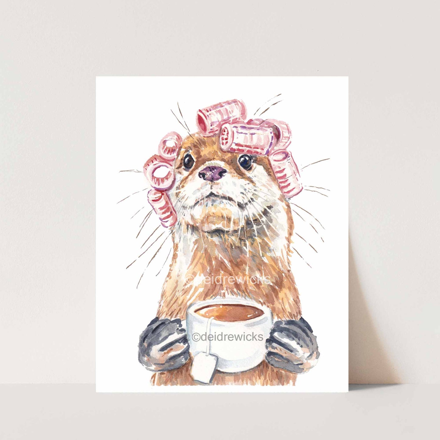 Watercolour print of an otter wearing hair curlers and drinking tea. Art Copyright Deidre Wicks